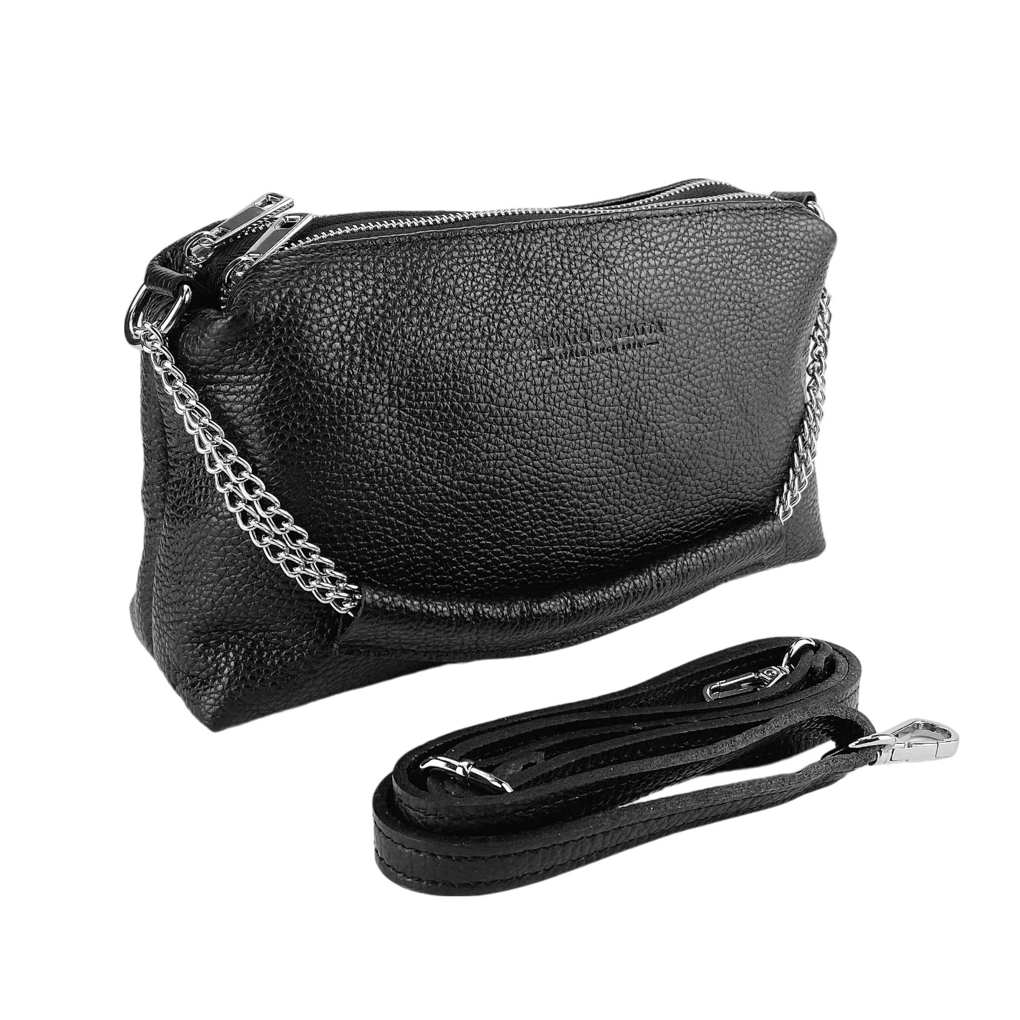 image-RB1025A | Borsa Donna a Mano con doppia lampo in Vera Pelle Made in Italy. Tracolla in pelle regolabile. Accessori Nickel Lucido - Colore Nero - Dimensioni: cm 26 x 14 x 9