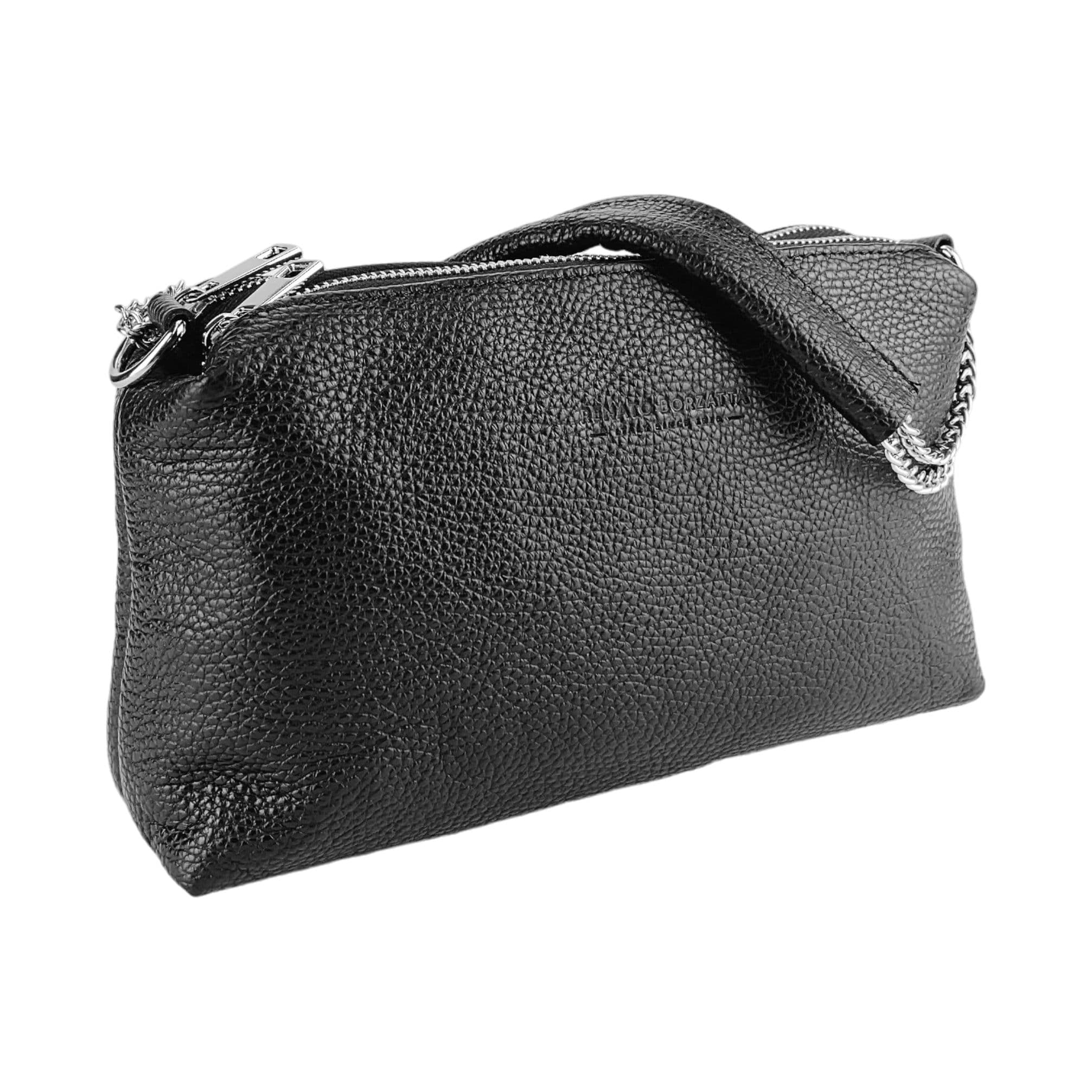 image-RB1025A | Borsa Donna a Mano con doppia lampo in Vera Pelle Made in Italy. Tracolla in pelle regolabile. Accessori Nickel Lucido - Colore Nero - Dimensioni: cm 26 x 14 x 9