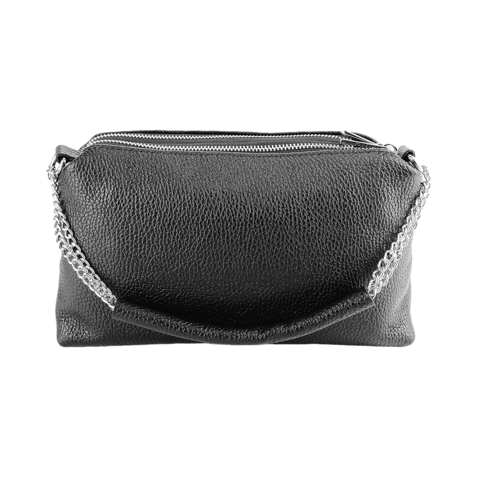 image-RB1025A | Borsa Donna a Mano con doppia lampo in Vera Pelle Made in Italy. Tracolla in pelle regolabile. Accessori Nickel Lucido - Colore Nero - Dimensioni: cm 26 x 14 x 9
