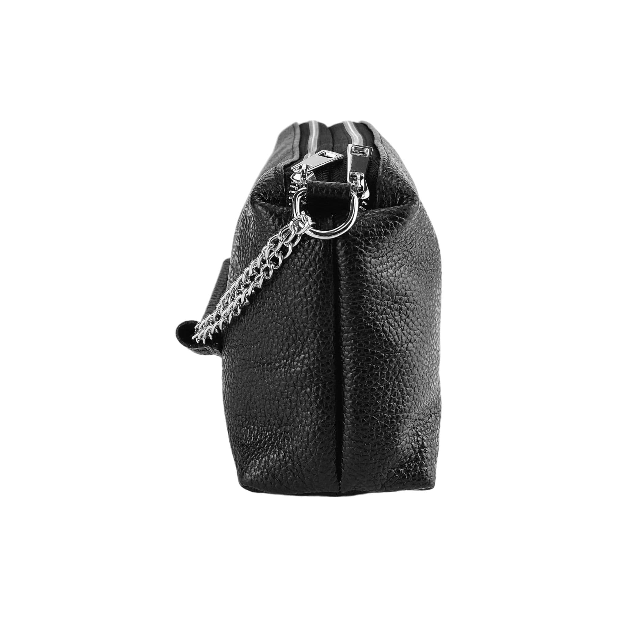 image-RB1025A | Borsa Donna a Mano con doppia lampo in Vera Pelle Made in Italy. Tracolla in pelle regolabile. Accessori Nickel Lucido - Colore Nero - Dimensioni: cm 26 x 14 x 9