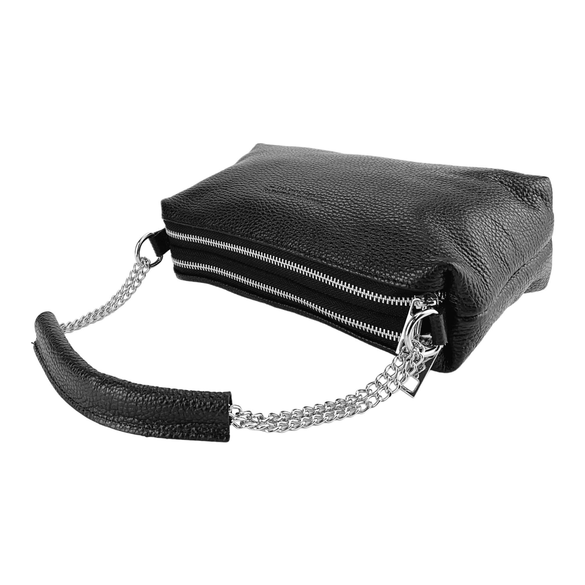 image-RB1025A | Borsa Donna a Mano con doppia lampo in Vera Pelle Made in Italy. Tracolla in pelle regolabile. Accessori Nickel Lucido - Colore Nero - Dimensioni: cm 26 x 14 x 9