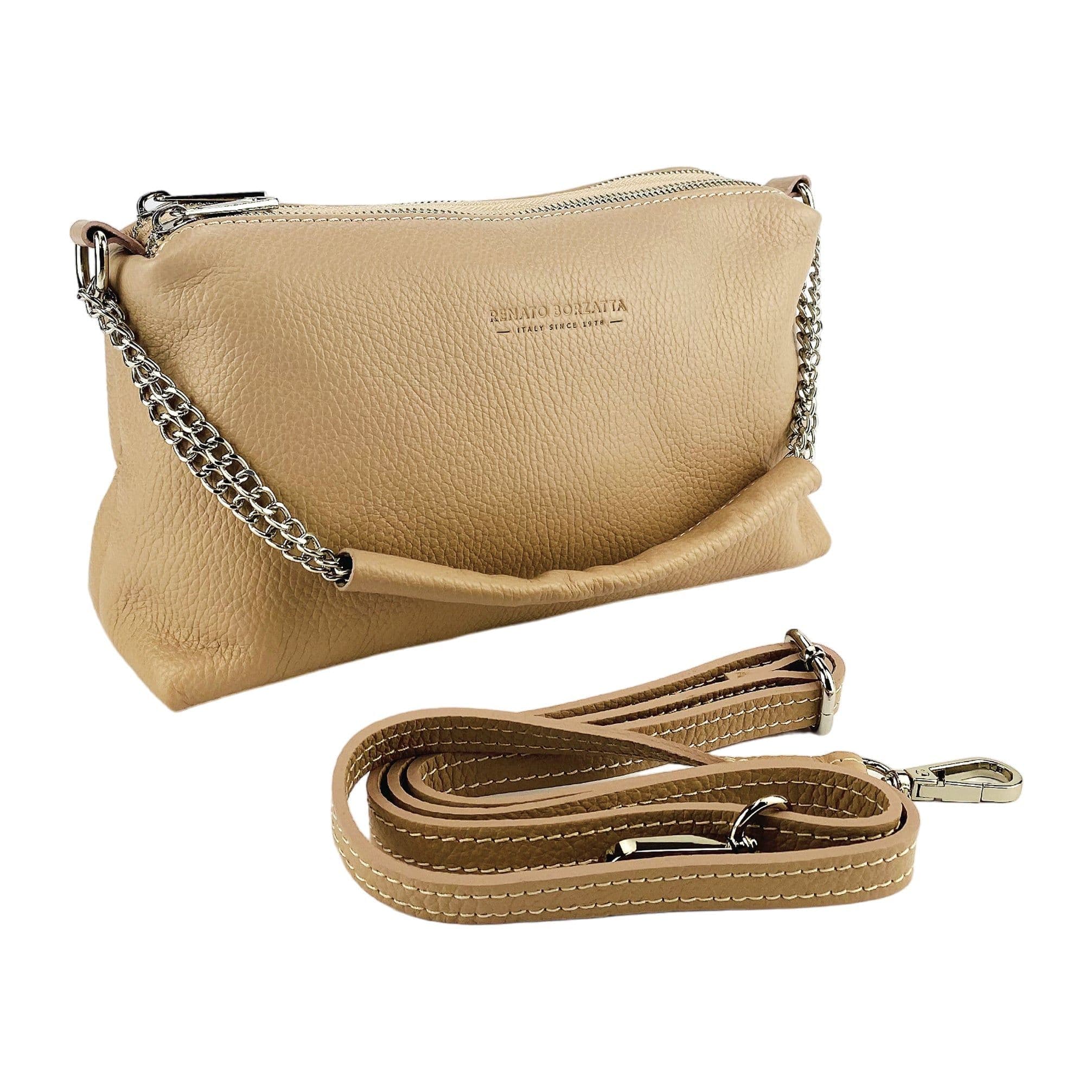 image-RB1025AU | Borsa Donna a Mano con doppia lampo in Vera Pelle Made in Italy. Tracolla in pelle regolabile. Accessori Nickel Lucido - Colore Cipria - Dimensioni: cm 26 x 14 x 9