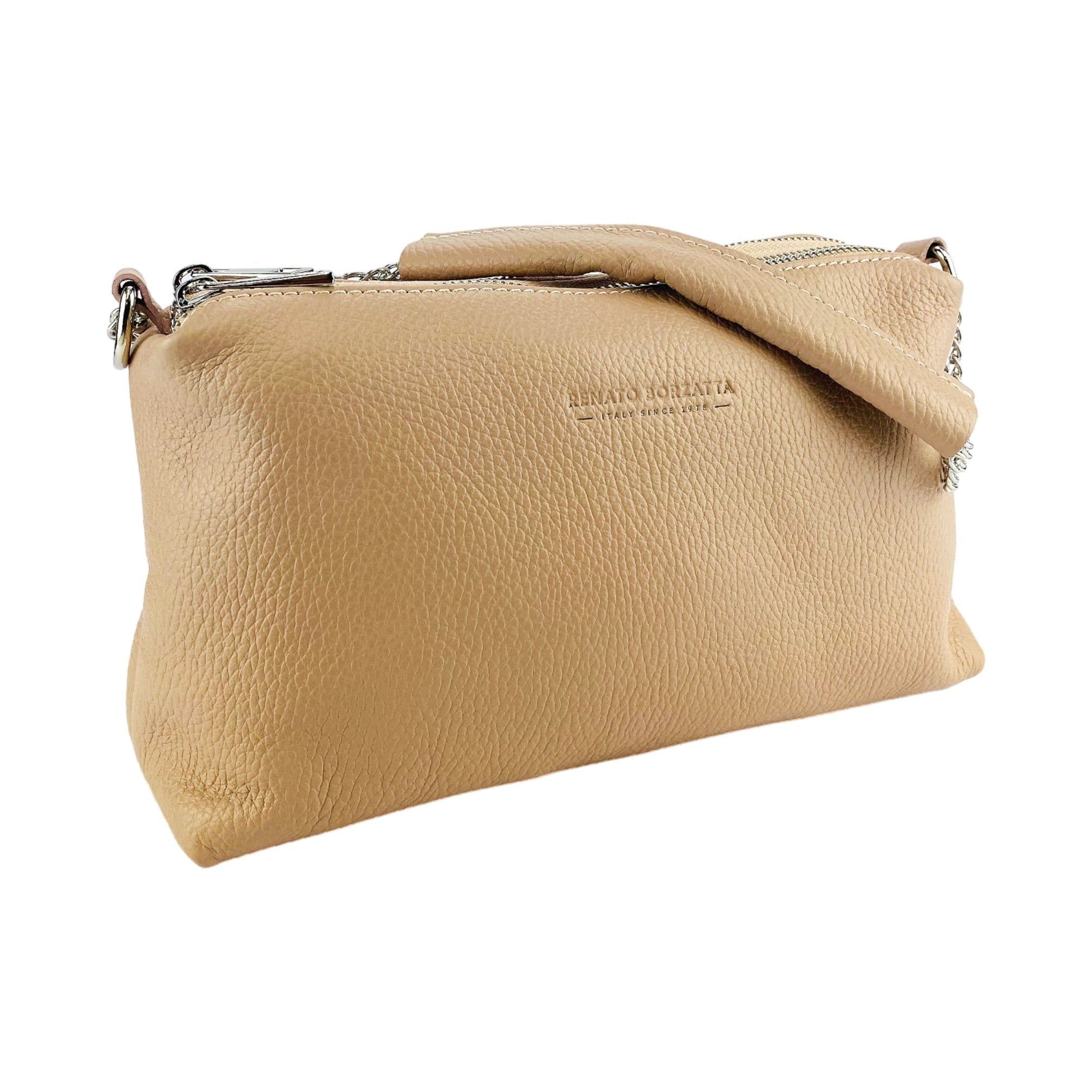 image-RB1025AU | Borsa Donna a Mano con doppia lampo in Vera Pelle Made in Italy. Tracolla in pelle regolabile. Accessori Nickel Lucido - Colore Cipria - Dimensioni: cm 26 x 14 x 9