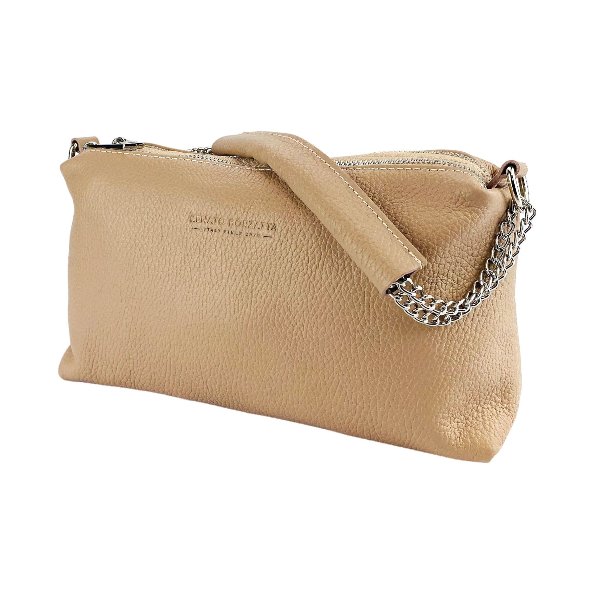 image-RB1025AU | Borsa Donna a Mano con doppia lampo in Vera Pelle Made in Italy. Tracolla in pelle regolabile. Accessori Nickel Lucido - Colore Cipria - Dimensioni: cm 26 x 14 x 9