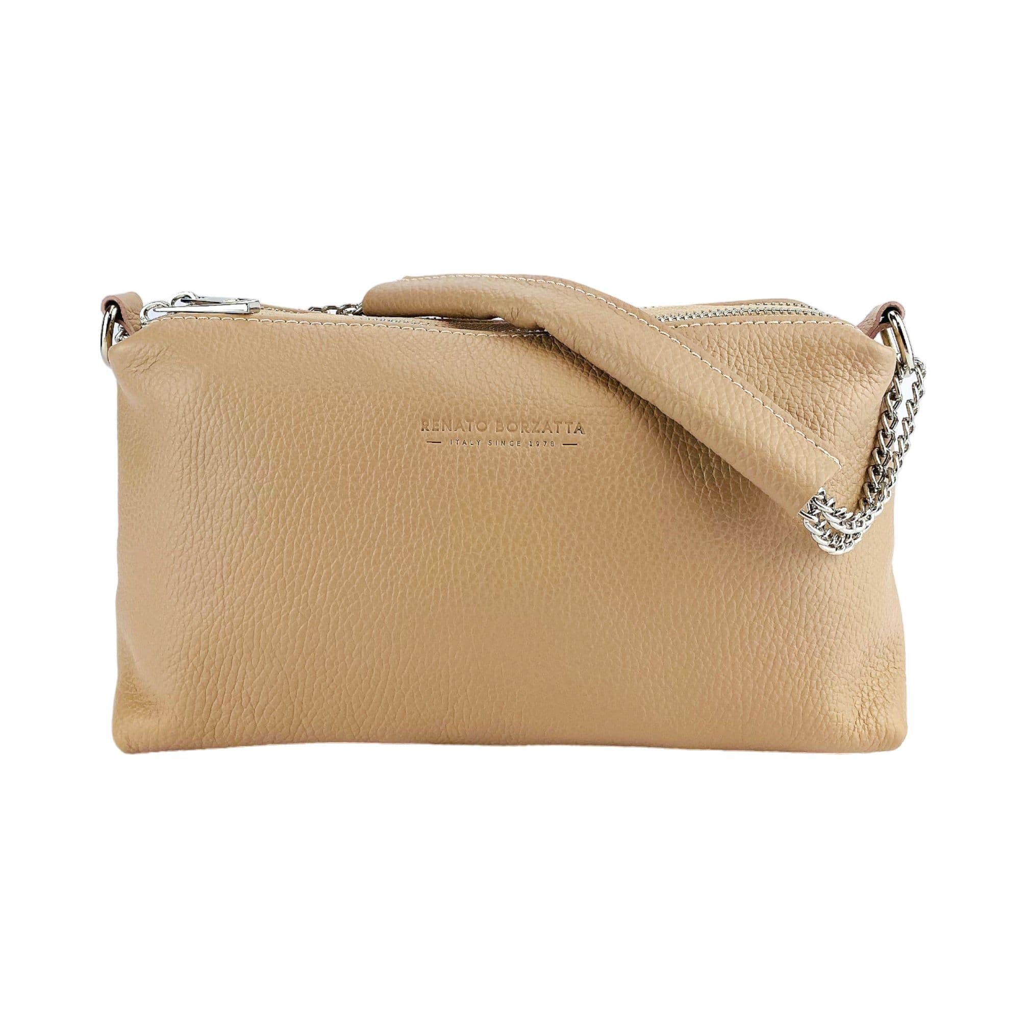 image-RB1025AU | Borsa Donna a Mano con doppia lampo in Vera Pelle Made in Italy. Tracolla in pelle regolabile. Accessori Nickel Lucido - Colore Cipria - Dimensioni: cm 26 x 14 x 9