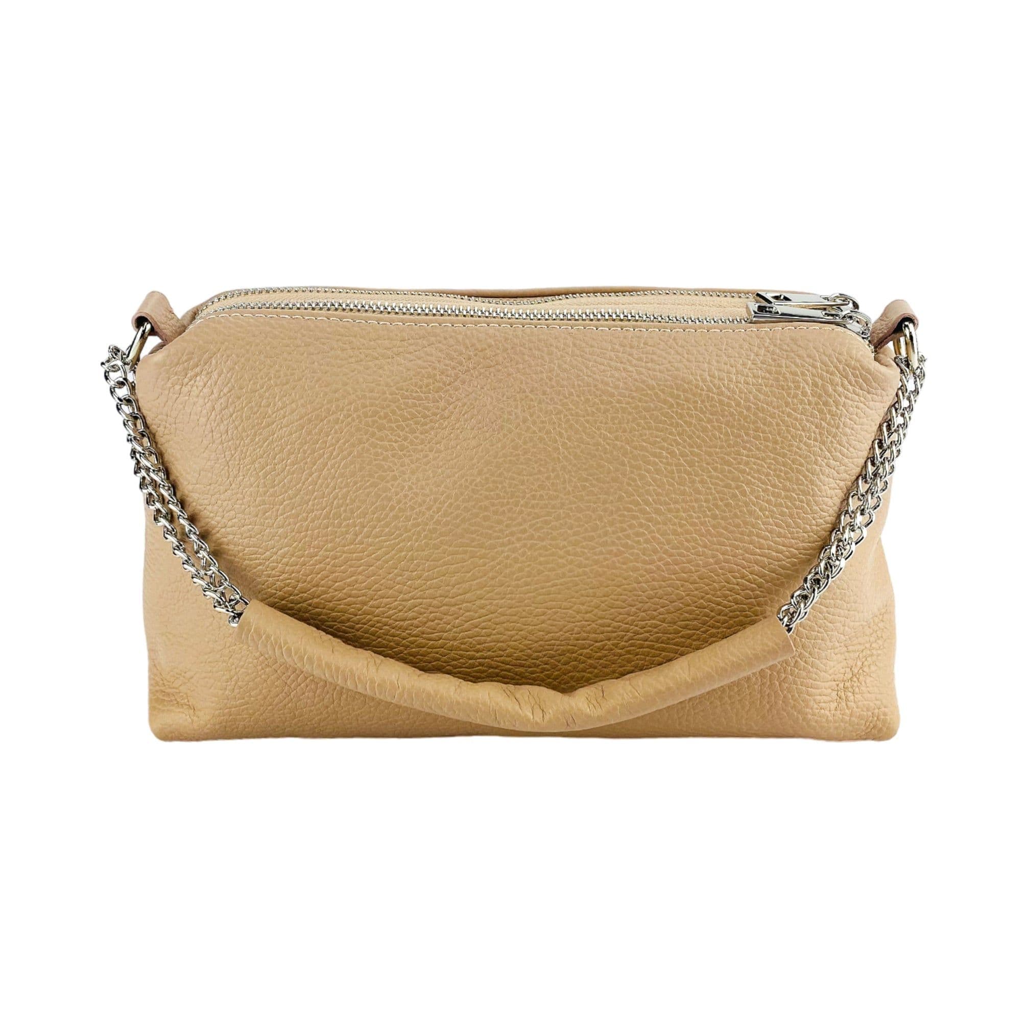 image-RB1025AU | Borsa Donna a Mano con doppia lampo in Vera Pelle Made in Italy. Tracolla in pelle regolabile. Accessori Nickel Lucido - Colore Cipria - Dimensioni: cm 26 x 14 x 9