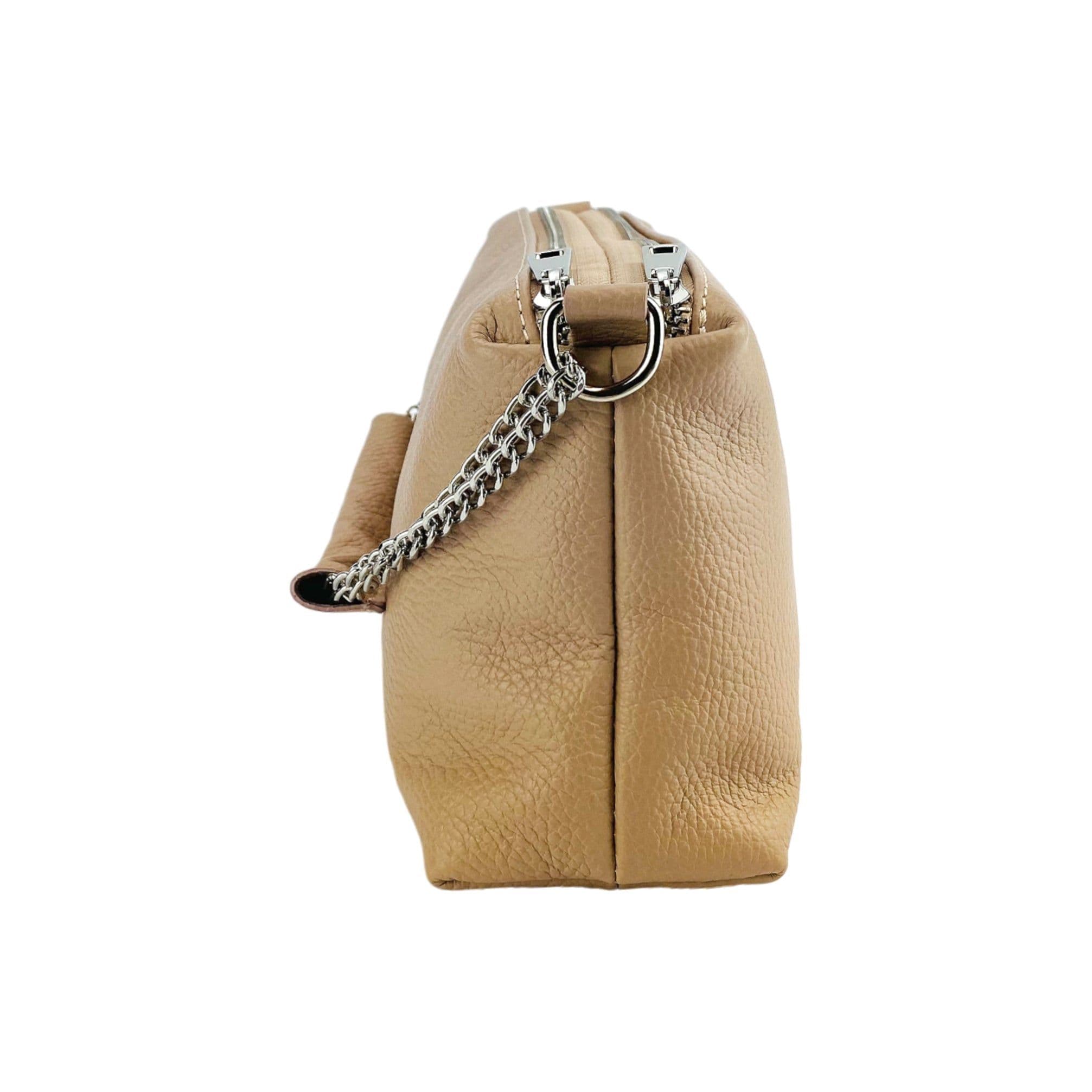 image-RB1025AU | Borsa Donna a Mano con doppia lampo in Vera Pelle Made in Italy. Tracolla in pelle regolabile. Accessori Nickel Lucido - Colore Cipria - Dimensioni: cm 26 x 14 x 9