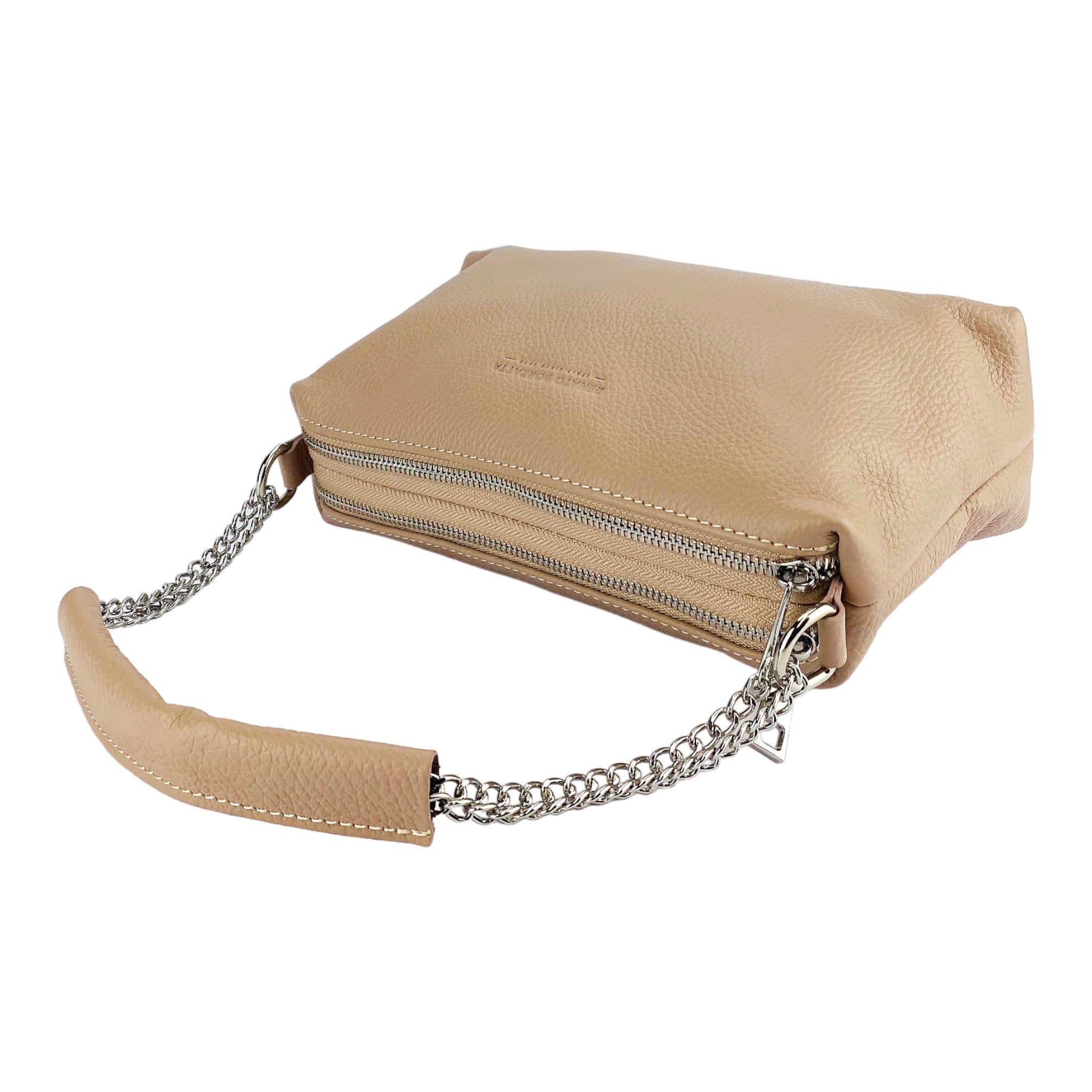 image-RB1025AU | Borsa Donna a Mano con doppia lampo in Vera Pelle Made in Italy. Tracolla in pelle regolabile. Accessori Nickel Lucido - Colore Cipria - Dimensioni: cm 26 x 14 x 9