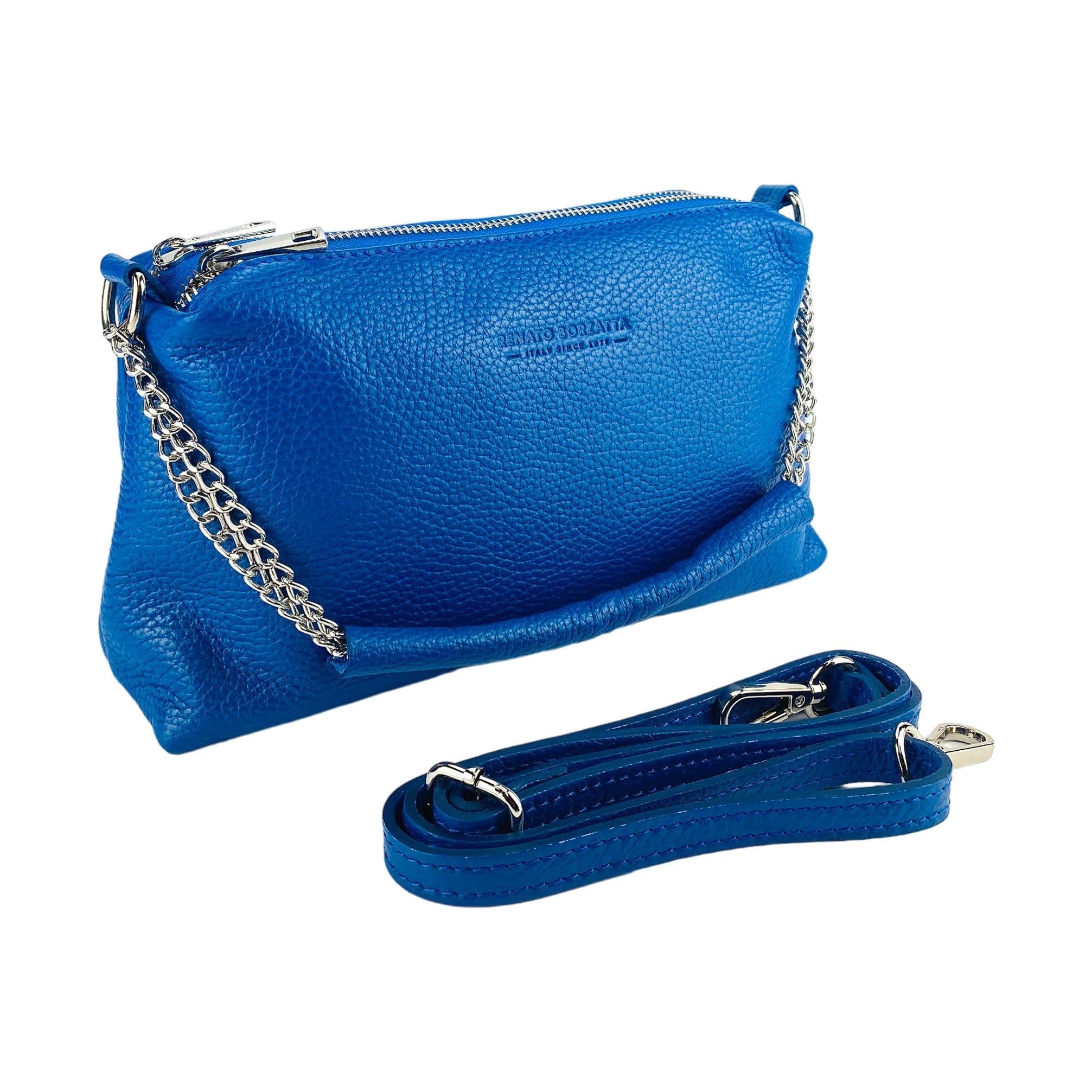 image-RB1025CH | Borsa Donna a Mano con doppia lampo in Vera Pelle Made in Italy. Tracolla in pelle regolabile. Accessori Nickel Lucido - Colore Blu Royal - Dimensioni: cm 26 x 14 x 9