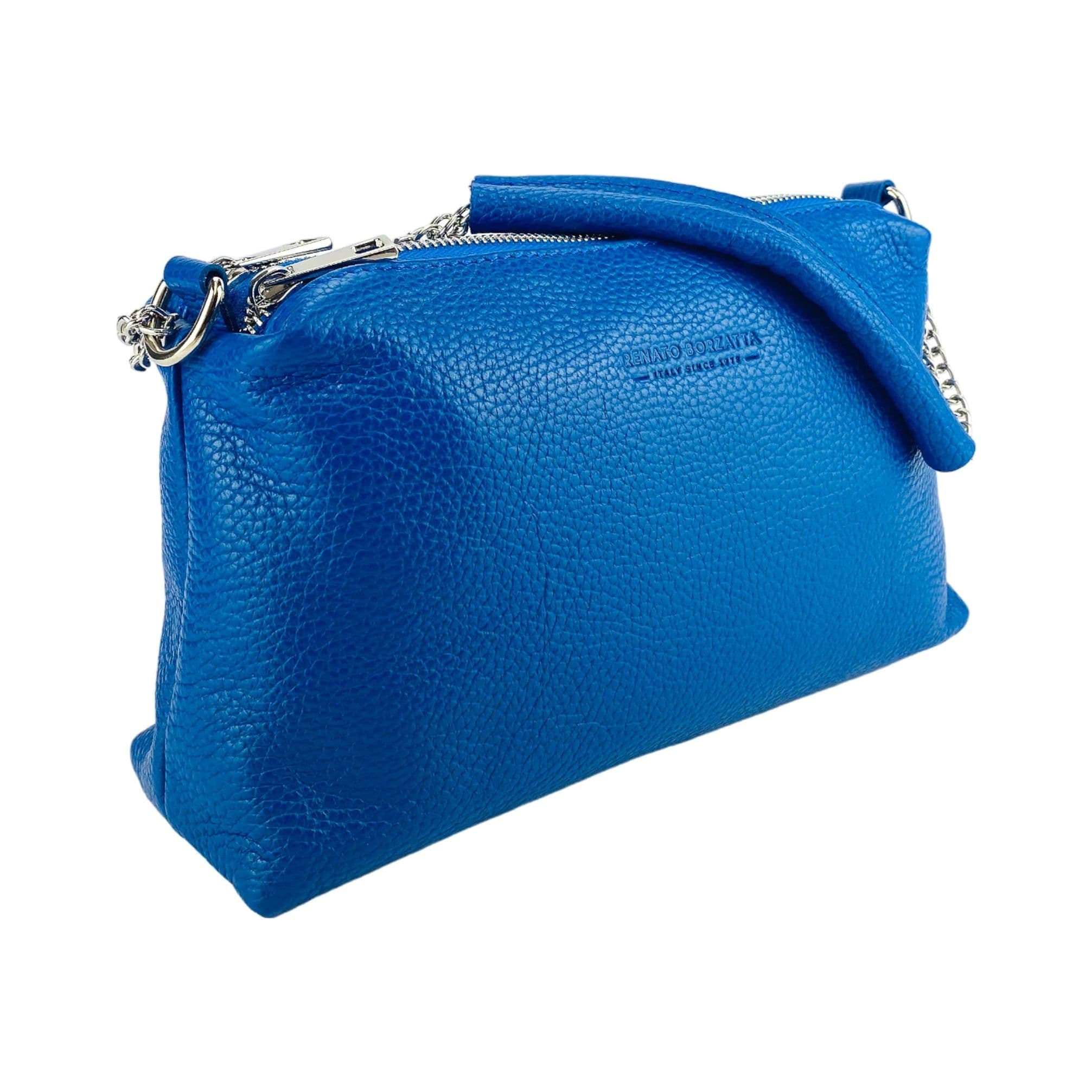 image-RB1025CH | Borsa Donna a Mano con doppia lampo in Vera Pelle Made in Italy. Tracolla in pelle regolabile. Accessori Nickel Lucido - Colore Blu Royal - Dimensioni: cm 26 x 14 x 9