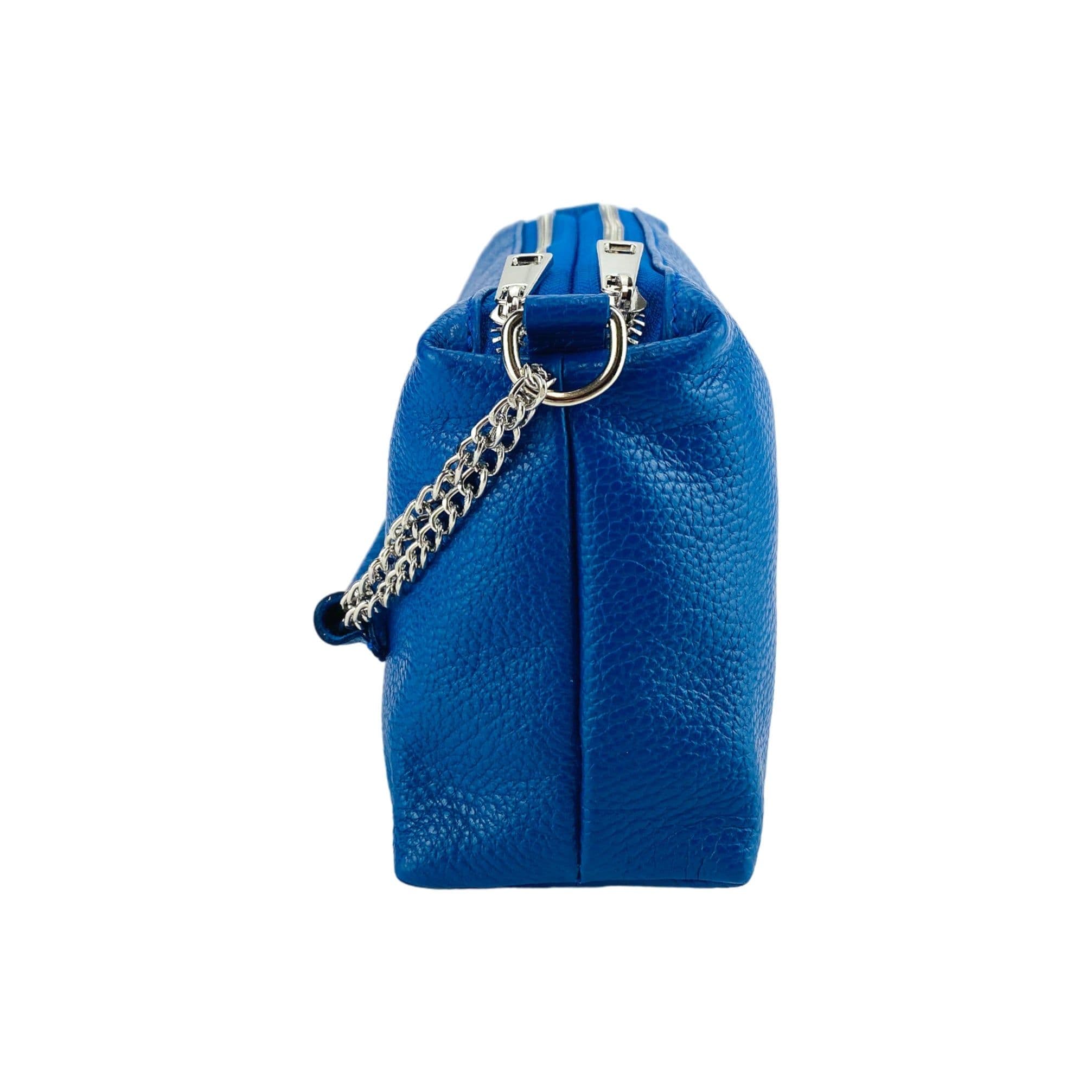 image-RB1025CH | Borsa Donna a Mano con doppia lampo in Vera Pelle Made in Italy. Tracolla in pelle regolabile. Accessori Nickel Lucido - Colore Blu Royal - Dimensioni: cm 26 x 14 x 9