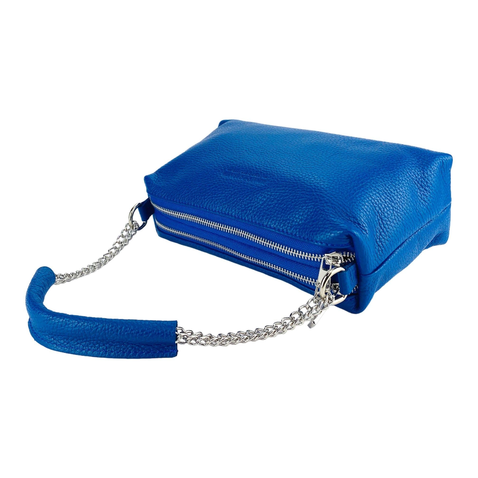 image-RB1025CH | Borsa Donna a Mano con doppia lampo in Vera Pelle Made in Italy. Tracolla in pelle regolabile. Accessori Nickel Lucido - Colore Blu Royal - Dimensioni: cm 26 x 14 x 9