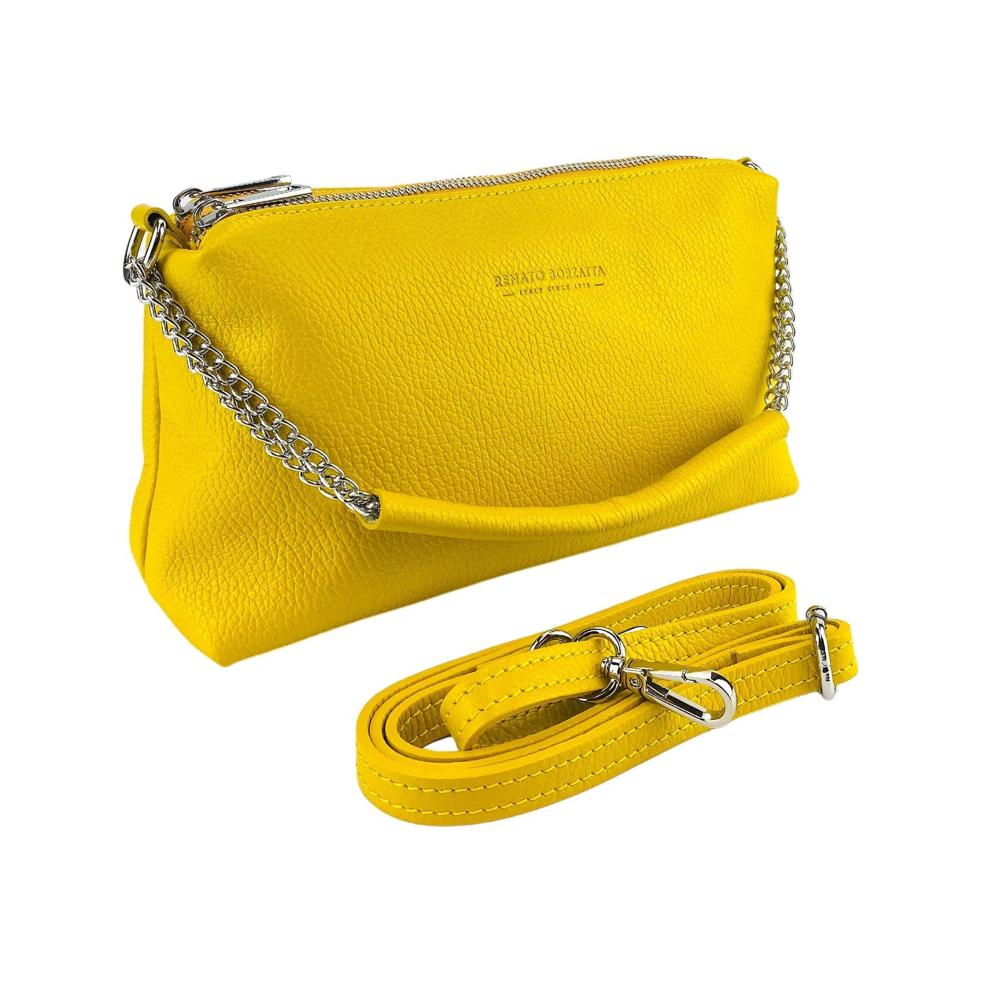 image-RB1025R | Women's handbag with double zip in Genuine Leather Made in Italy. Adjustable leather shoulder strap. Polished Nickel Accessories - Yellow Color - Dimensions: 26 x 14 x 9 cm