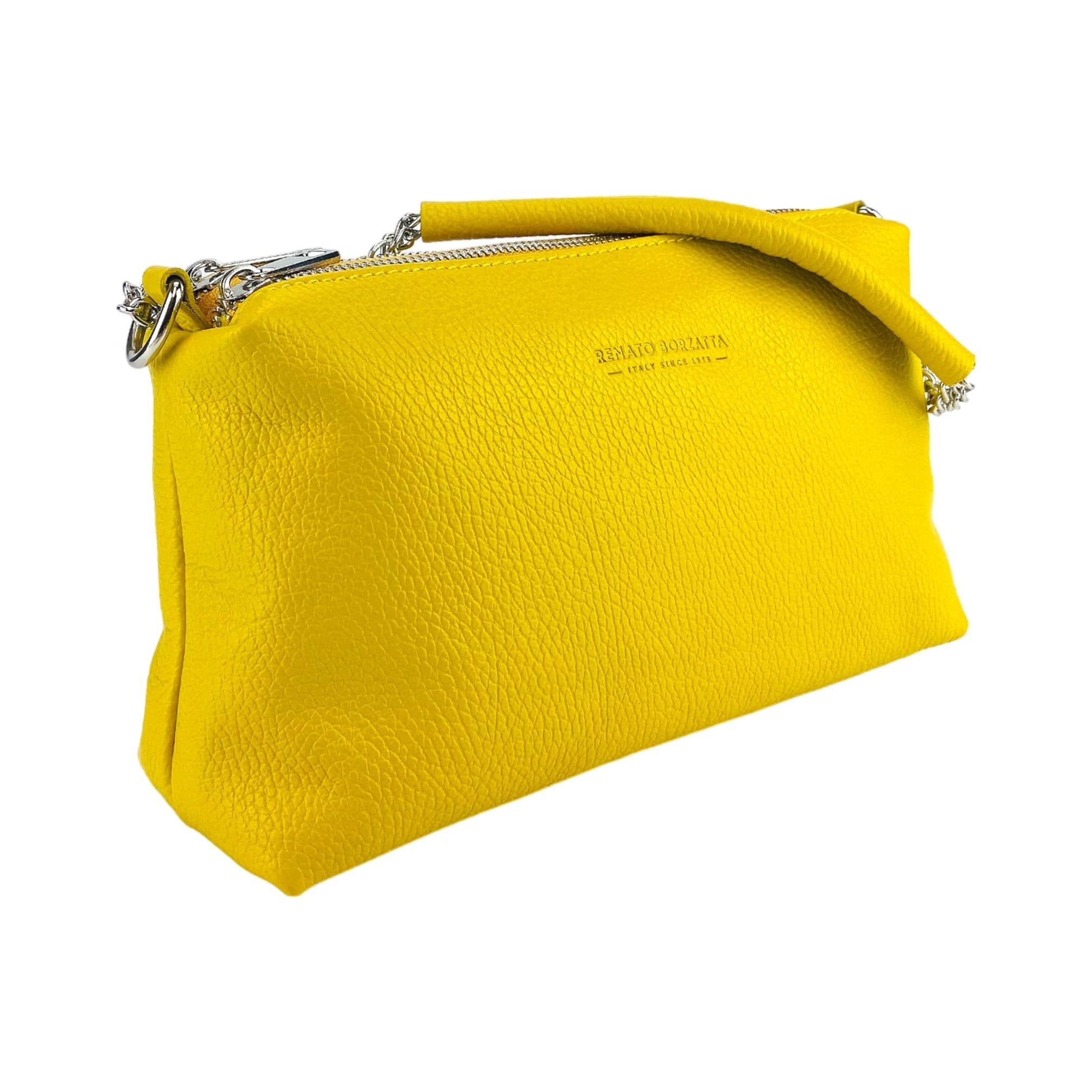 image-RB1025R | Women's handbag with double zip in Genuine Leather Made in Italy. Adjustable leather shoulder strap. Polished Nickel Accessories - Yellow Color - Dimensions: 26 x 14 x 9 cm