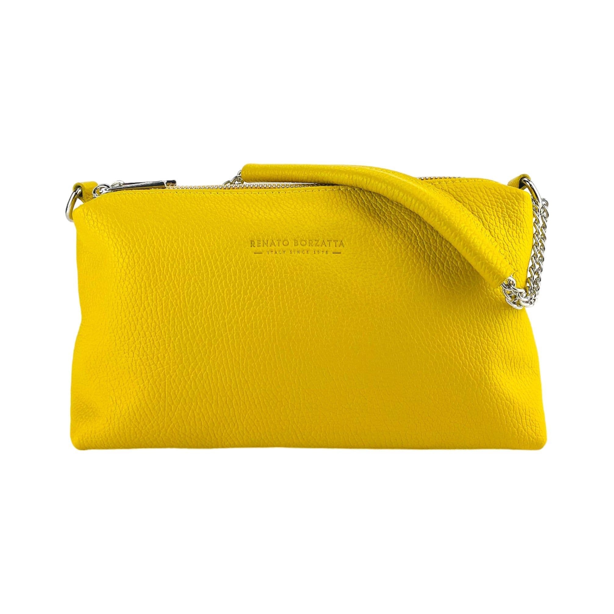 image-RB1025R | Women's handbag with double zip in Genuine Leather Made in Italy. Adjustable leather shoulder strap. Polished Nickel Accessories - Yellow Color - Dimensions: 26 x 14 x 9 cm