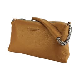 image-RB1025S | Women's handbag with double zip in Genuine Leather Made in Italy. Adjustable leather shoulder strap. Accessories Polished Nickel - Cognac color - Dimensions: 26 x 14 x 9 cm