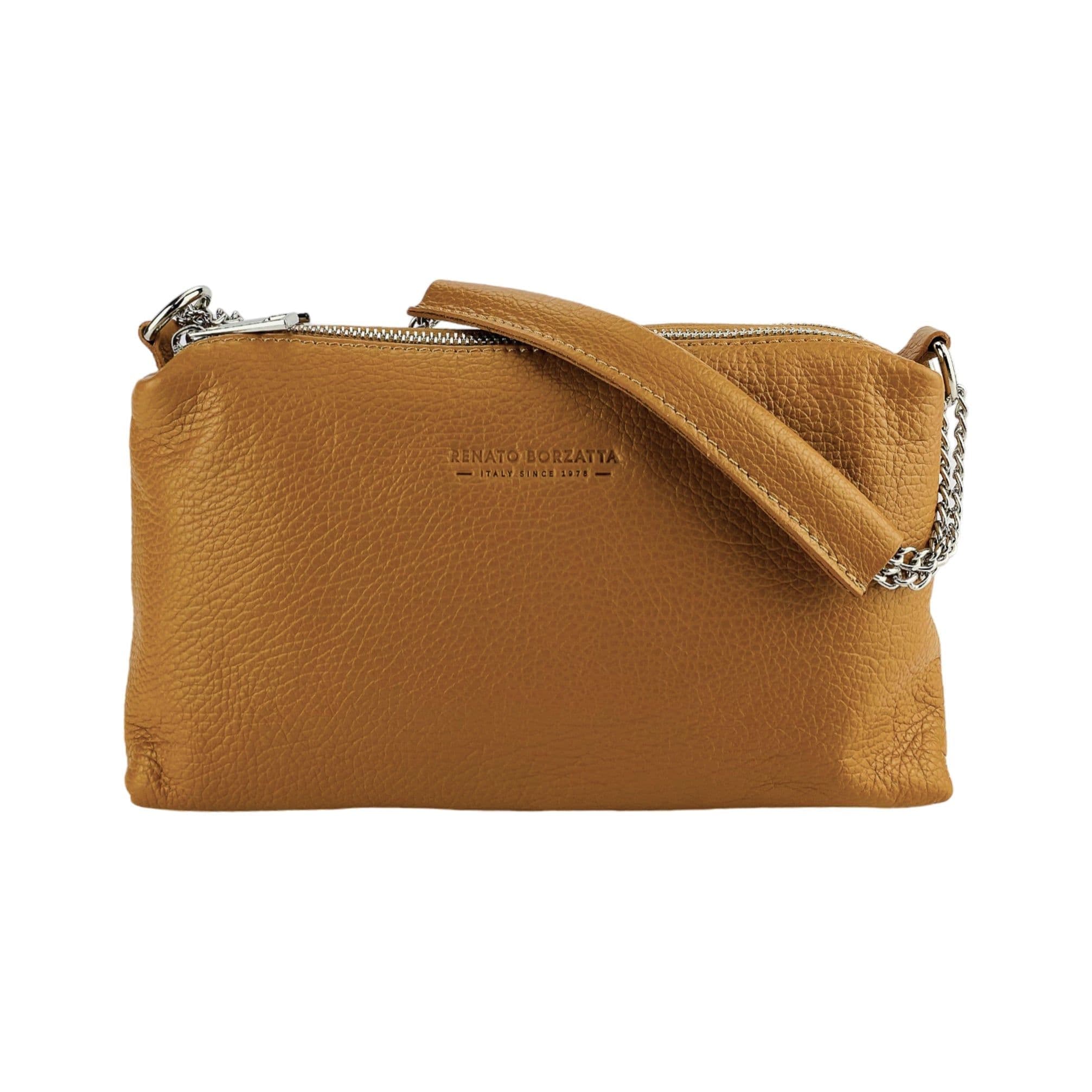 image-RB1025S | Women's handbag with double zip in Genuine Leather Made in Italy. Adjustable leather shoulder strap. Accessories Polished Nickel - Cognac color - Dimensions: 26 x 14 x 9 cm