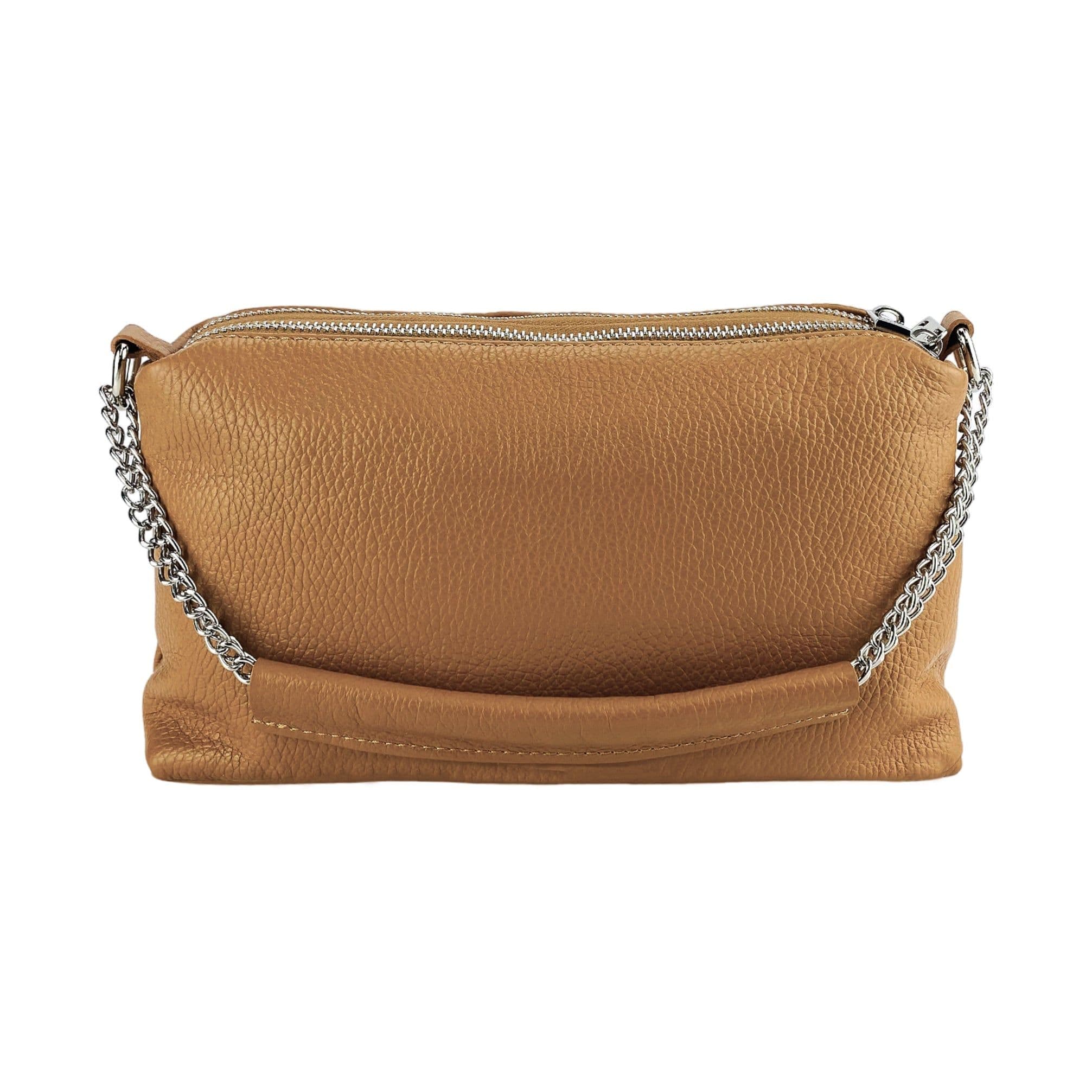 image-RB1025S | Women's handbag with double zip in Genuine Leather Made in Italy. Adjustable leather shoulder strap. Accessories Polished Nickel - Cognac color - Dimensions: 26 x 14 x 9 cm