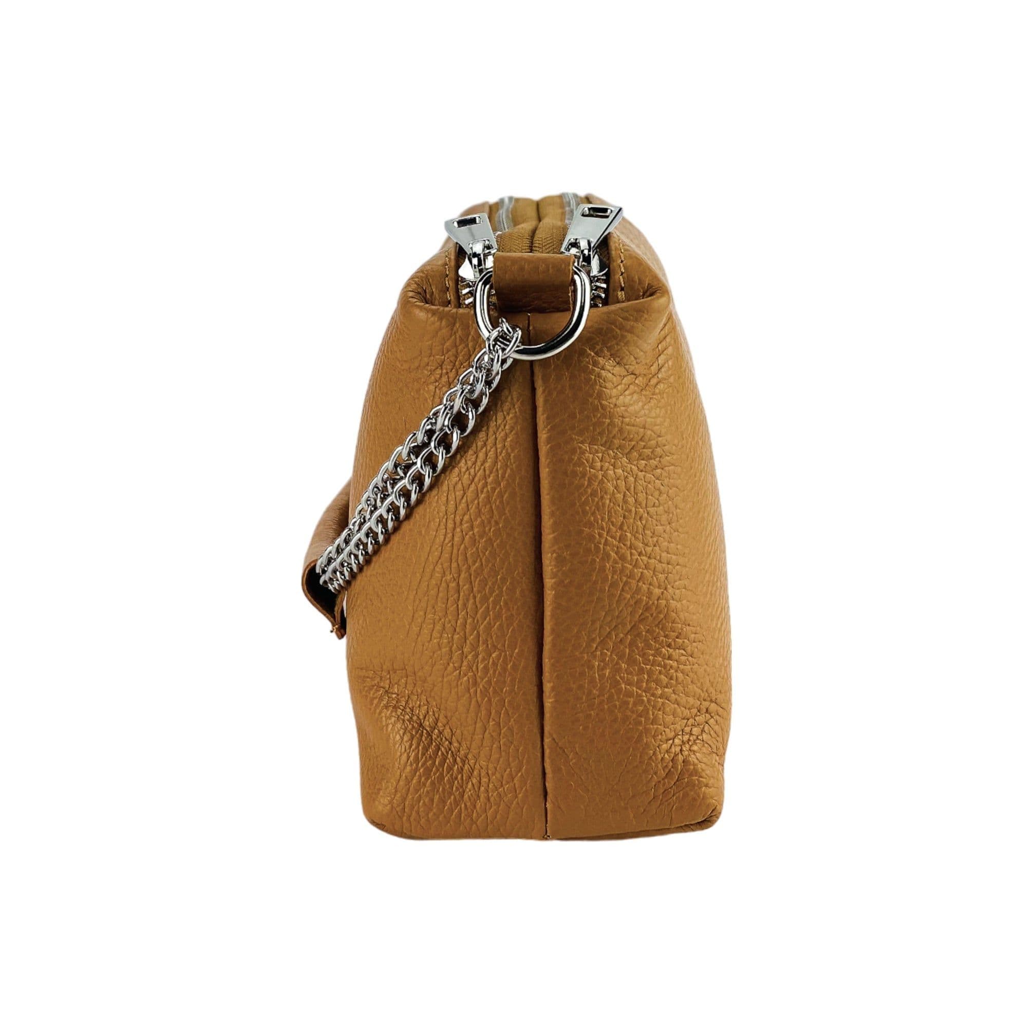 image-RB1025S | Women's handbag with double zip in Genuine Leather Made in Italy. Adjustable leather shoulder strap. Accessories Polished Nickel - Cognac color - Dimensions: 26 x 14 x 9 cm