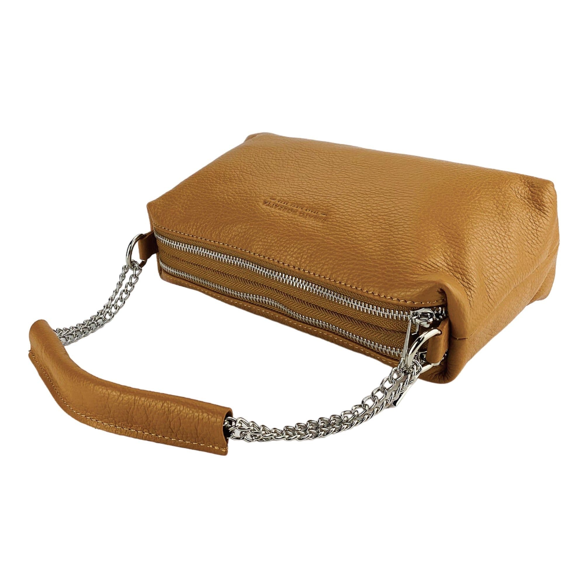 image-RB1025S | Women's handbag with double zip in Genuine Leather Made in Italy. Adjustable leather shoulder strap. Accessories Polished Nickel - Cognac color - Dimensions: 26 x 14 x 9 cm