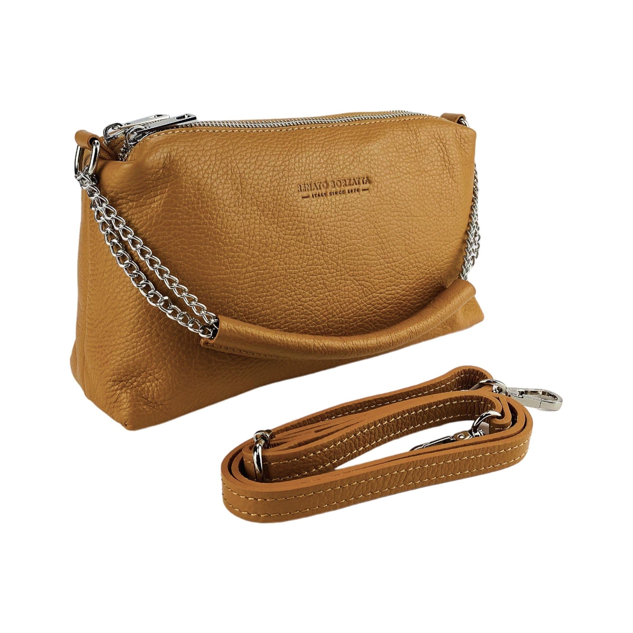 image-RB1025S | Borsa Donna a Mano con doppia lampo in Vera Pelle Made in Italy. Tracolla in pelle regolabile. Accessori Nickel Lucido - Colore Cognac - Dimensioni: cm 26 x 14 x 9