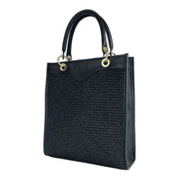 image-RB1026A | Vertical women's handbag in genuine leather and straw Made in Italy. Removable and adjustable leather shoulder strap. Polished Gold Accessories - Black Color - Dimensions: 24 x 29 x 9 cm