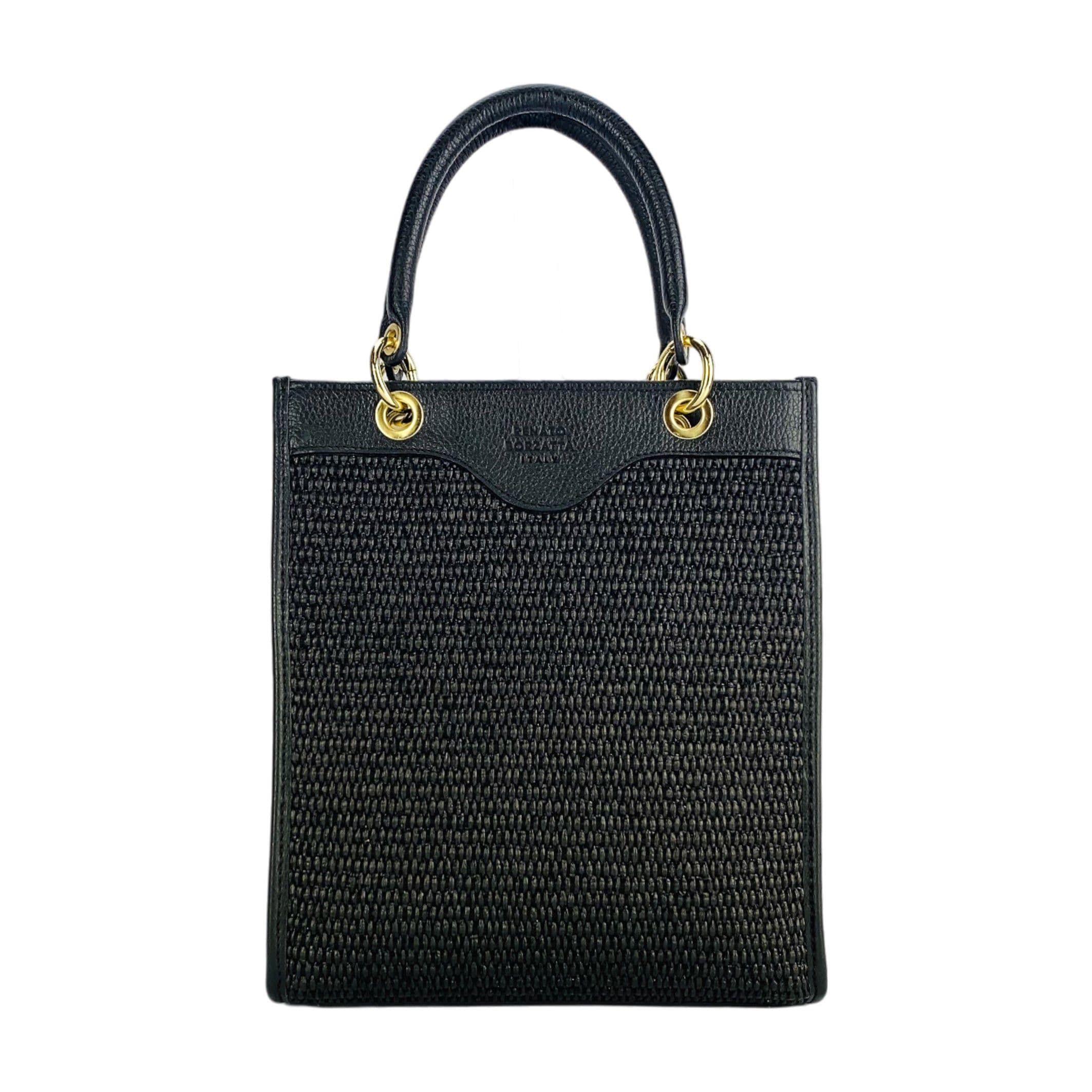 image-RB1026A | Vertical women's handbag in genuine leather and straw Made in Italy. Removable and adjustable leather shoulder strap. Polished Gold Accessories - Black Color - Dimensions: 24 x 29 x 9 cm