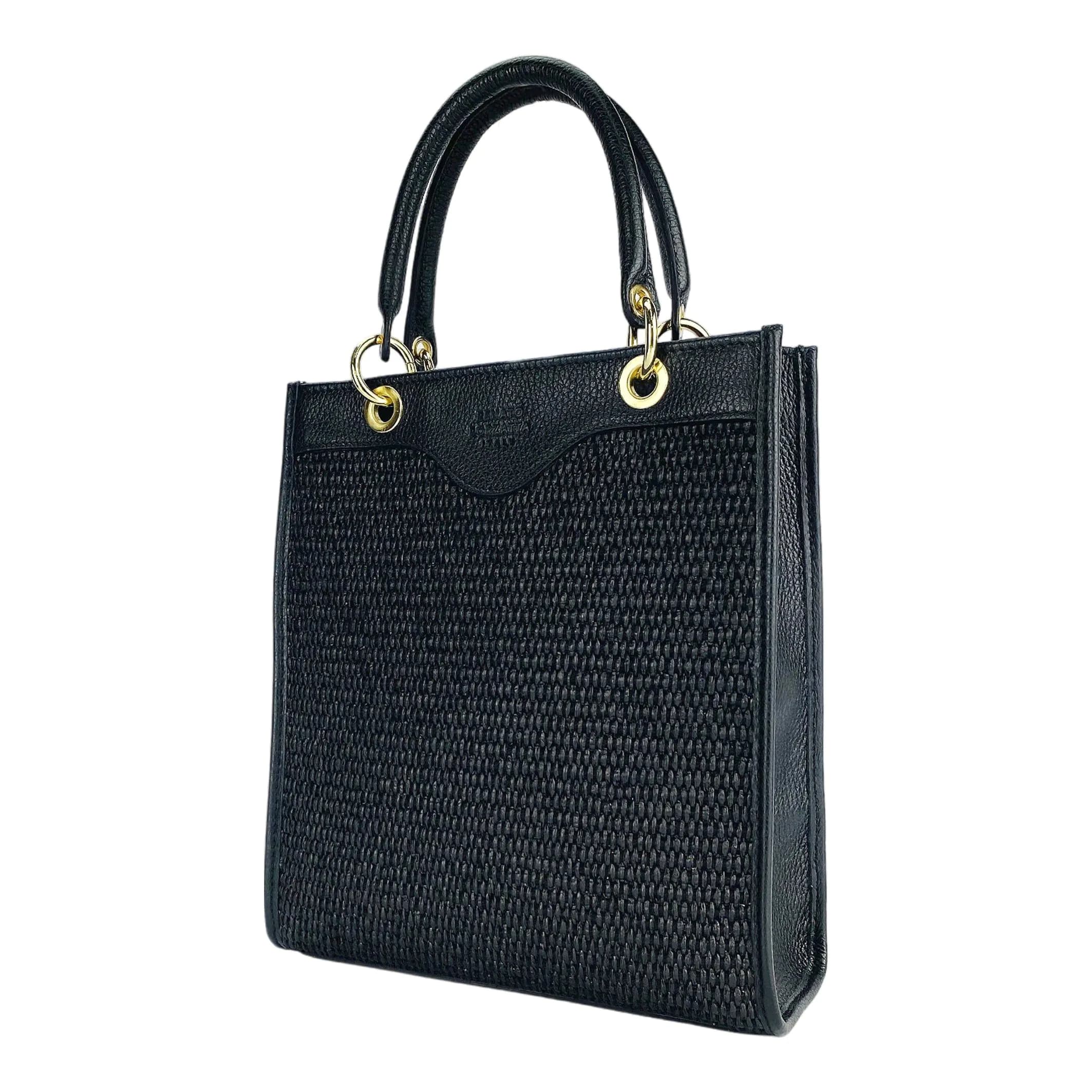 image-RB1026A | Borsa Donna a mano verticale in Vera Pelle e Paglia Made in Italy. Tracolla removibile e regolabile in pelle. Accessori Oro Lucido - Colore Nero - Dimensioni: cm 24 x 29 x 9