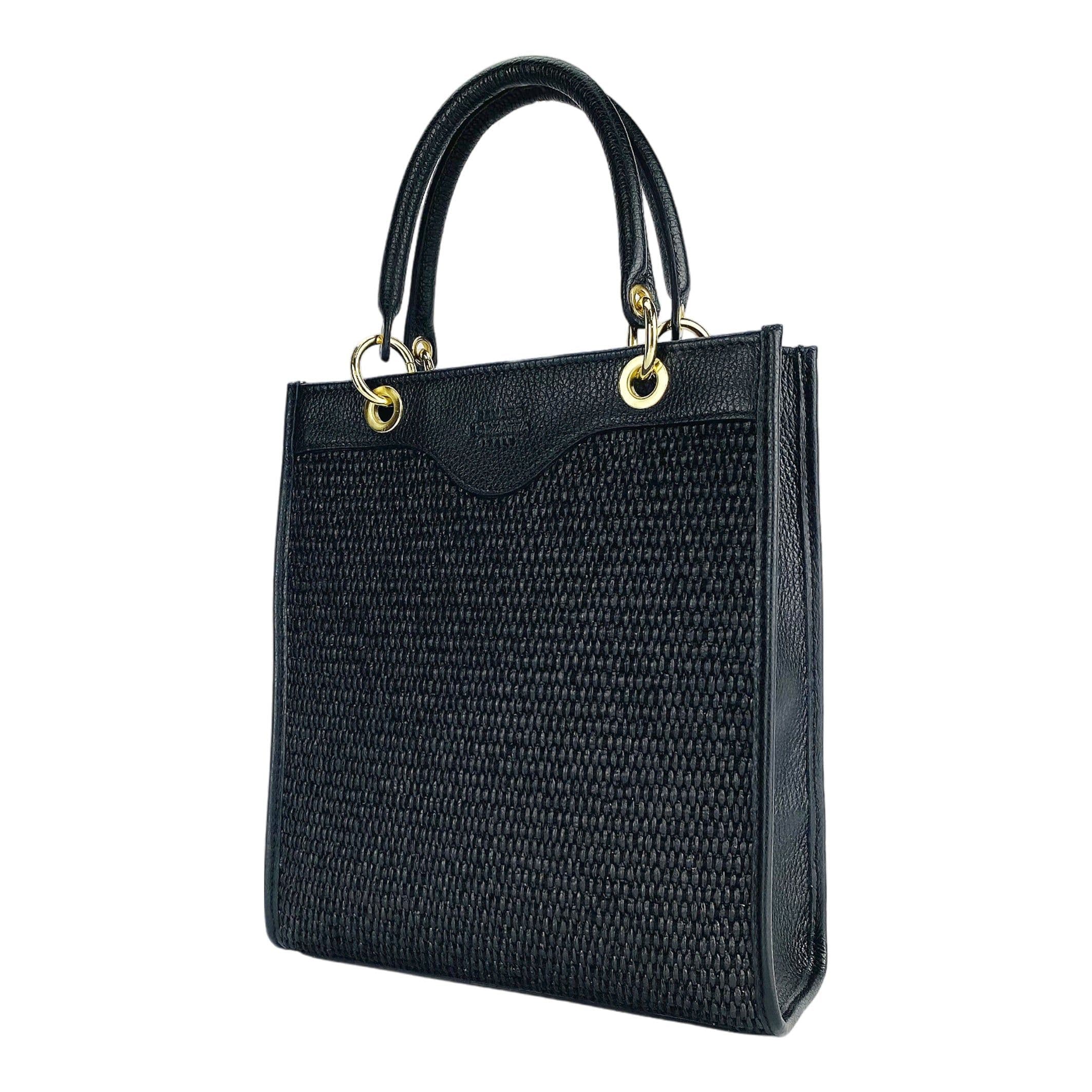 image-RB1026A | Borsa Donna a mano verticale in Vera Pelle e Paglia Made in Italy. Tracolla removibile e regolabile in pelle. Accessori Oro Lucido - Colore Nero - Dimensioni: cm 24 x 29 x 9