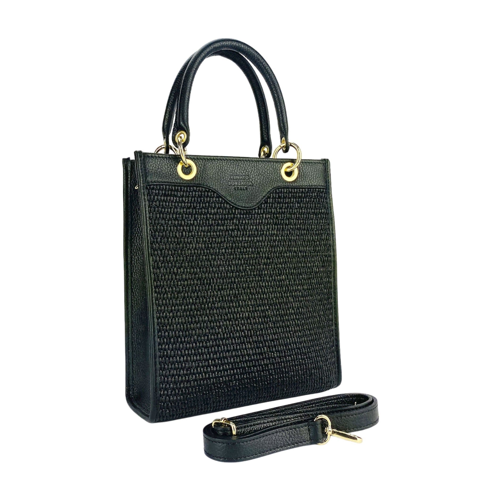 image-RB1026A | Borsa Donna a mano verticale in Vera Pelle e Paglia Made in Italy. Tracolla removibile e regolabile in pelle. Accessori Oro Lucido - Colore Nero - Dimensioni: cm 24 x 29 x 9