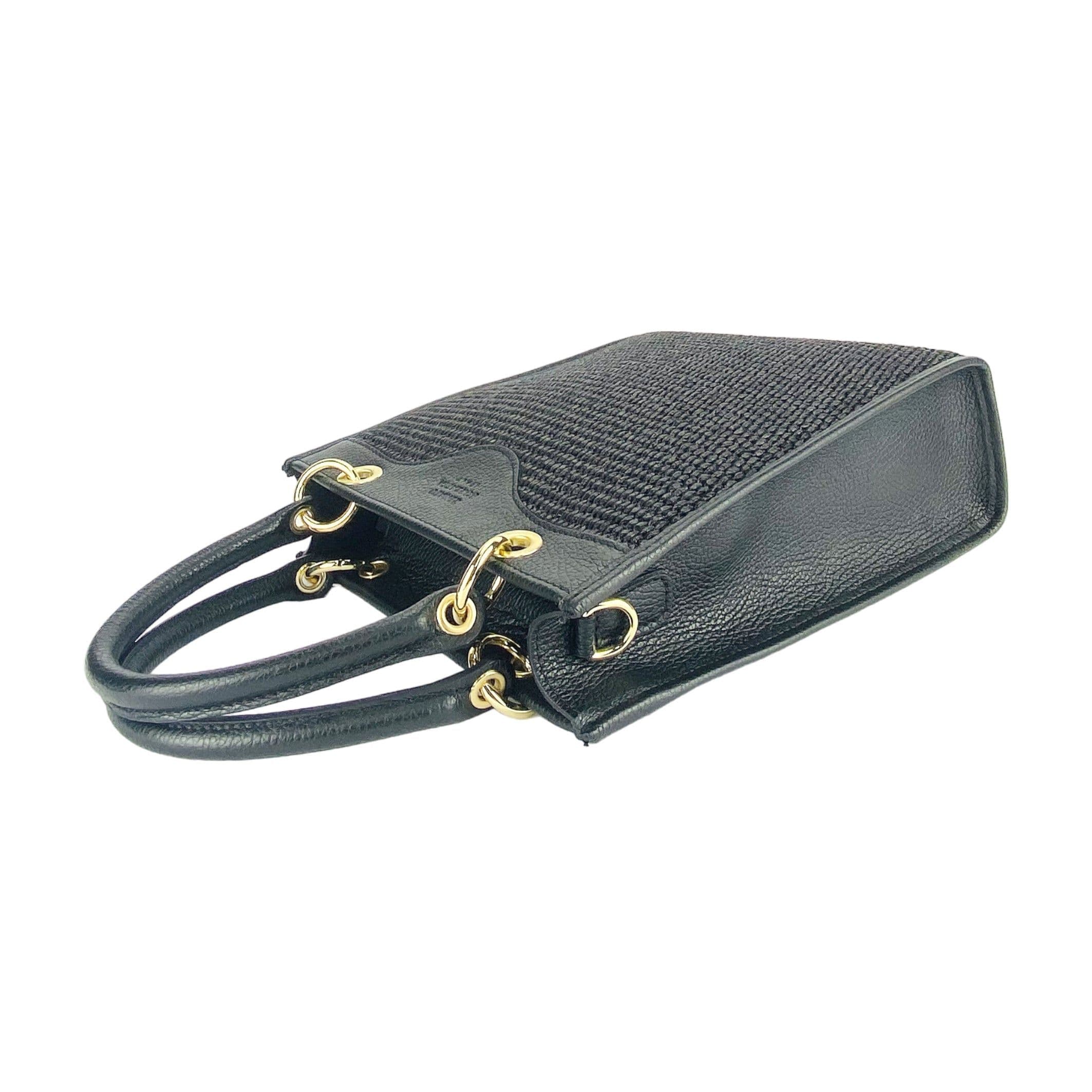 image-RB1026A | Borsa Donna a mano verticale in Vera Pelle e Paglia Made in Italy. Tracolla removibile e regolabile in pelle. Accessori Oro Lucido - Colore Nero - Dimensioni: cm 24 x 29 x 9