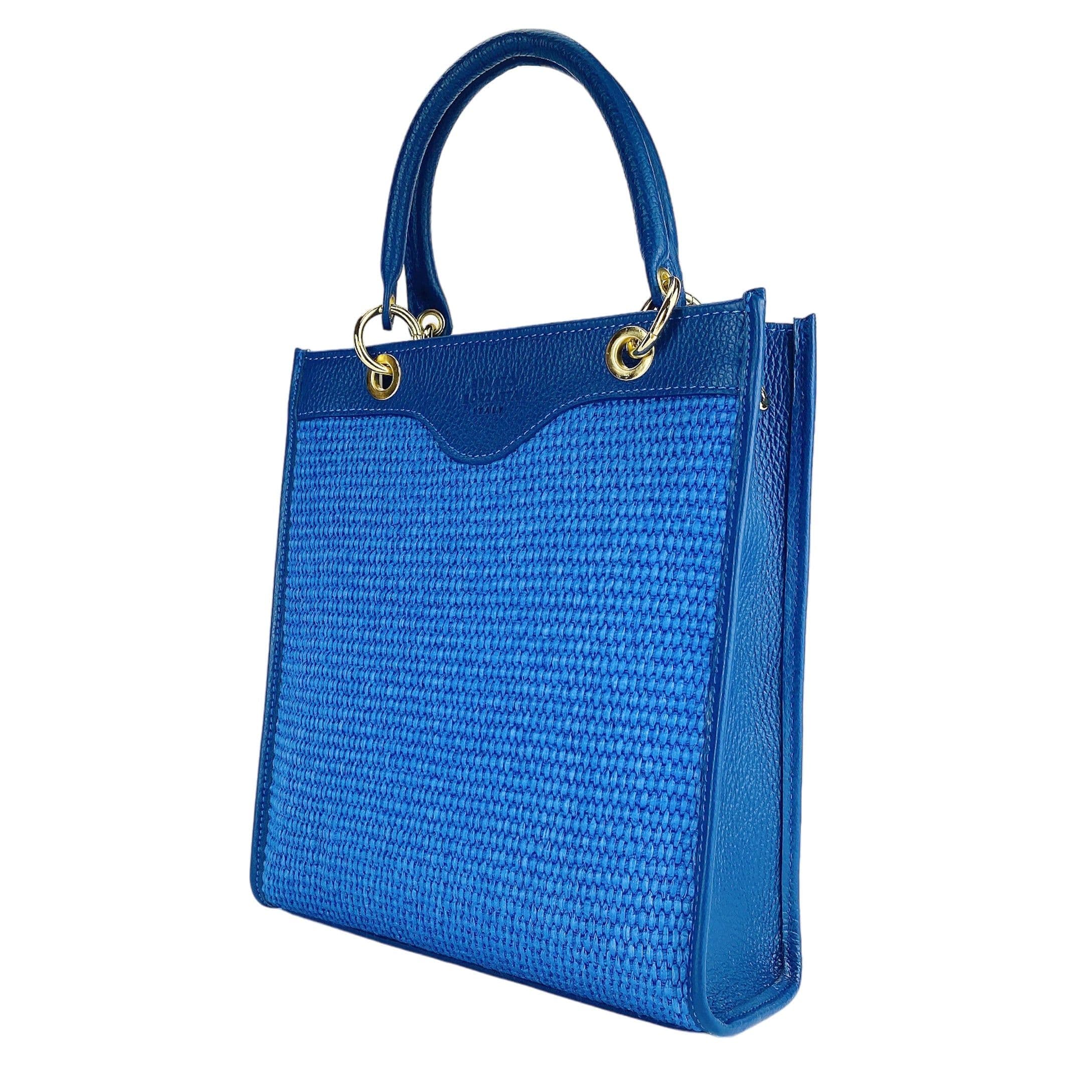 image-RB1026CH | Borsa Donna a mano verticale in Vera Pelle e Paglia Made in Italy. Tracolla removibile e regolabile in pelle. Accessori Oro Lucido - Colore Blu Royal - Dimensioni: cm 24 x 29 x 9
