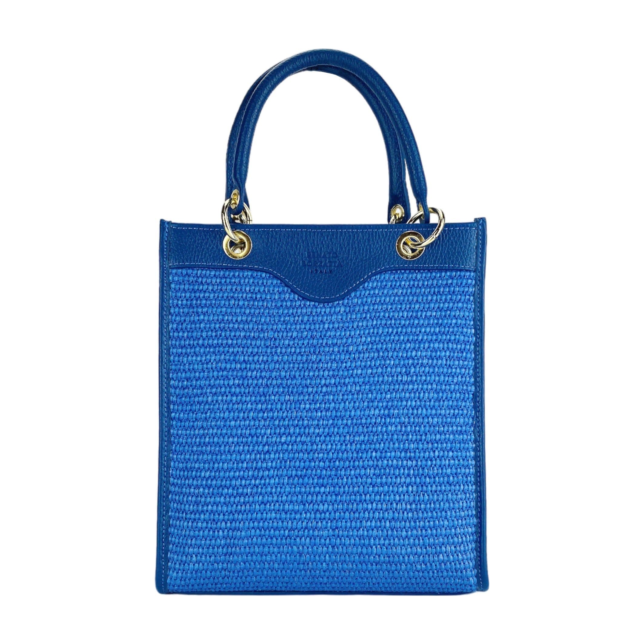 image-RB1026CH | Borsa Donna a mano verticale in Vera Pelle e Paglia Made in Italy. Tracolla removibile e regolabile in pelle. Accessori Oro Lucido - Colore Blu Royal - Dimensioni: cm 24 x 29 x 9