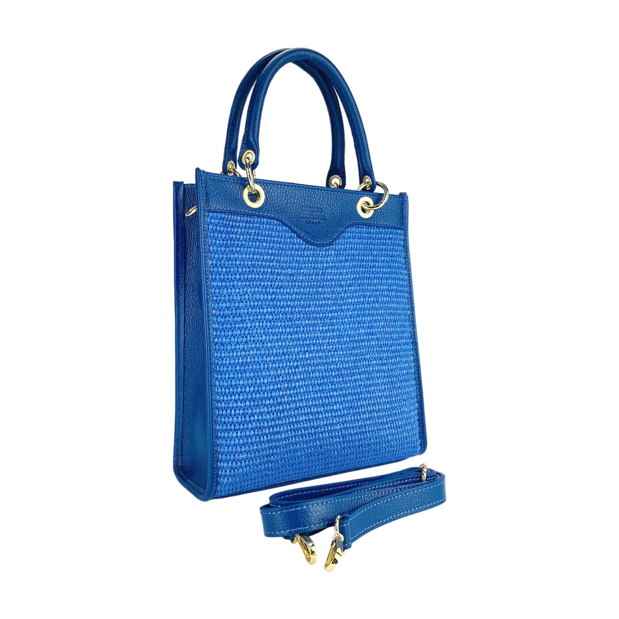 image-RB1026CH | Borsa Donna a mano verticale in Vera Pelle e Paglia Made in Italy. Tracolla removibile e regolabile in pelle. Accessori Oro Lucido - Colore Blu Royal - Dimensioni: cm 24 x 29 x 9