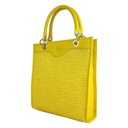 image-RB1026R | Vertical women's handbag in genuine leather and straw Made in Italy. Removable and adjustable leather shoulder strap. Polished Gold Accessories - Yellow Color - Dimensions: 24 x 29 x 9 cm
