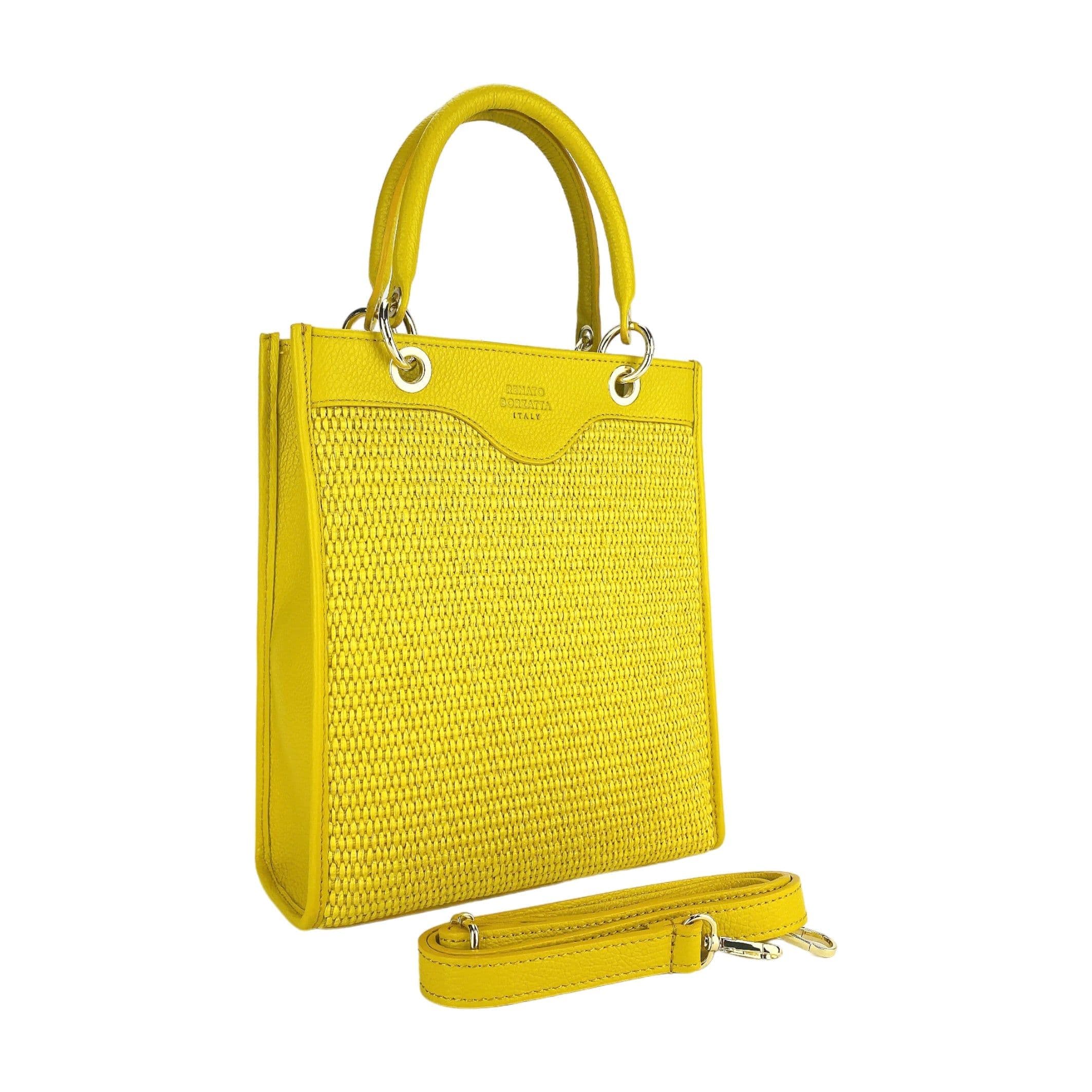 image-RB1026R | Vertical women's handbag in genuine leather and straw Made in Italy. Removable and adjustable leather shoulder strap. Polished Gold Accessories - Yellow Color - Dimensions: 24 x 29 x 9 cm