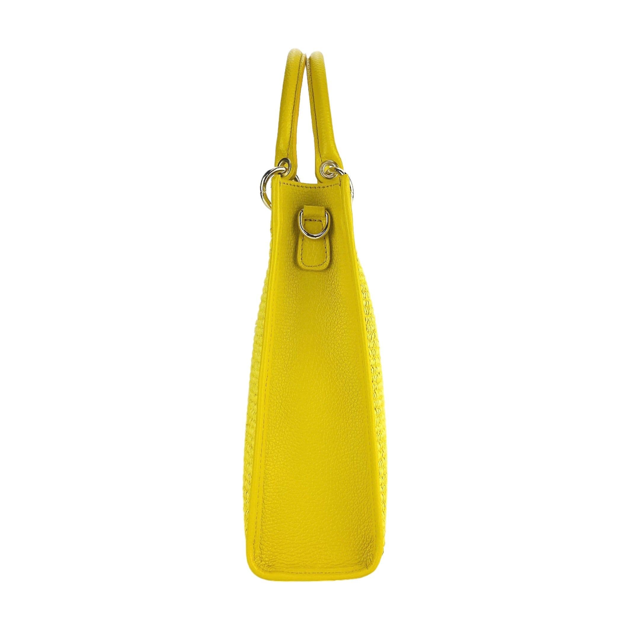 image-RB1026R | Vertical women's handbag in genuine leather and straw Made in Italy. Removable and adjustable leather shoulder strap. Polished Gold Accessories - Yellow Color - Dimensions: 24 x 29 x 9 cm