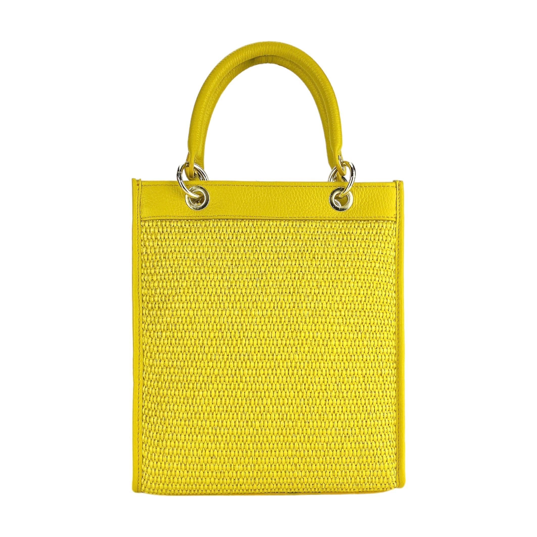 image-RB1026R | Vertical women's handbag in genuine leather and straw Made in Italy. Removable and adjustable leather shoulder strap. Polished Gold Accessories - Yellow Color - Dimensions: 24 x 29 x 9 cm