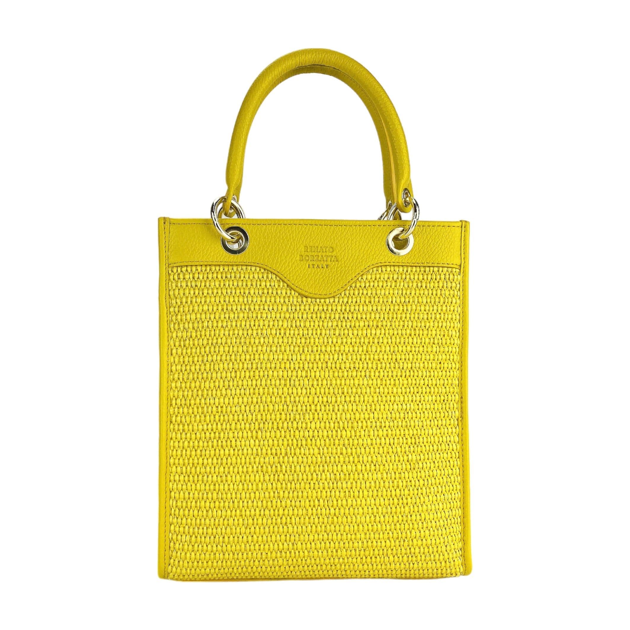 image-RB1026R | Borsa Donna a mano verticale in Vera Pelle e Paglia Made in Italy. Tracolla removibile e regolabile in pelle. Accessori Oro Lucido - Colore Giallo - Dimensioni: cm 24 x 29 x 9