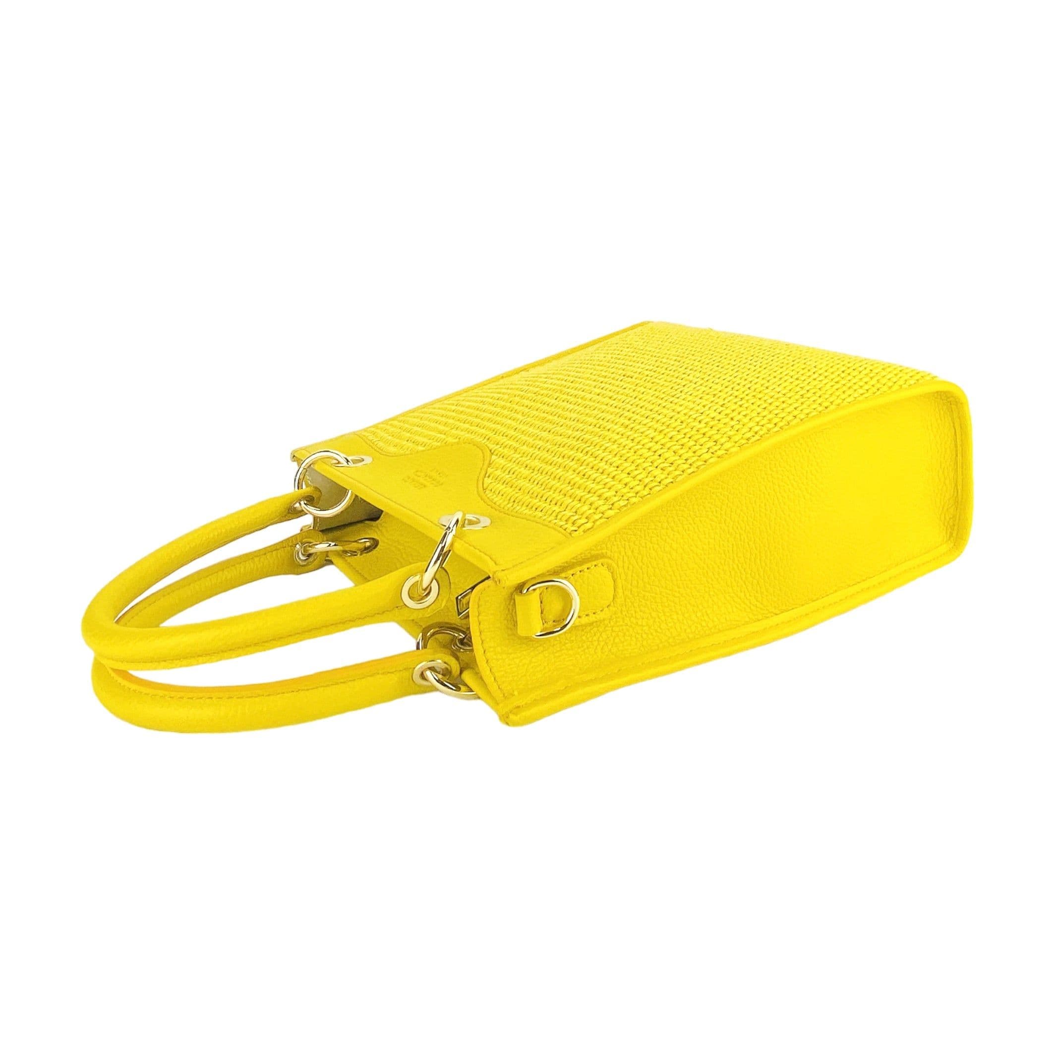 image-RB1026R | Borsa Donna a mano verticale in Vera Pelle e Paglia Made in Italy. Tracolla removibile e regolabile in pelle. Accessori Oro Lucido - Colore Giallo - Dimensioni: cm 24 x 29 x 9