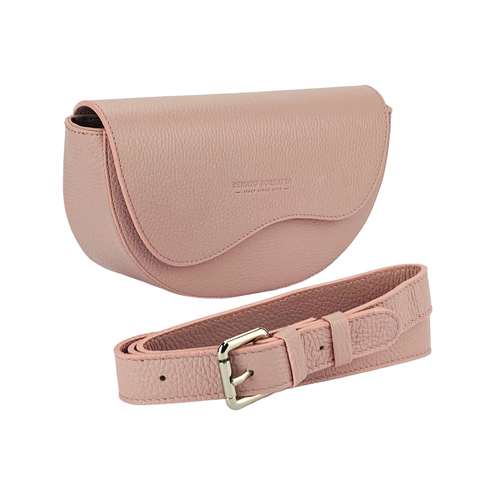 image-RB1027AZ | Borsa Donna a Bandoliera stondata in Vera Pelle Made in Italy. Tracolla removibile e regolabile in pelle. Accessori Nickel Lucido - Colore Rosa Antico - Dimensioni: cm 25 x 15 x 9