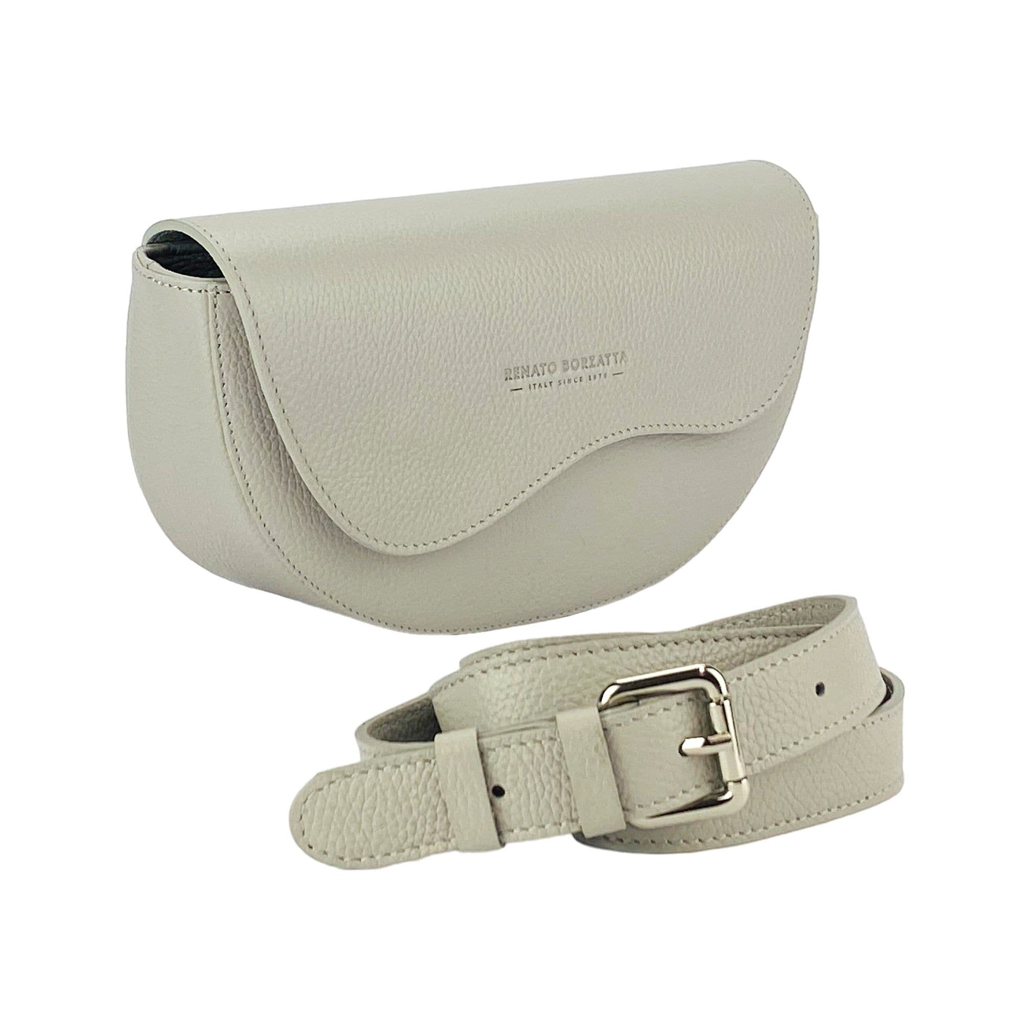 image-RB1027BO | Borsa Donna a Bandoliera stondata in Vera Pelle Made in Italy. Tracolla removibile e regolabile in pelle. Accessori Nickel Lucido - Colore Ghiaccio - Dimensioni: cm 25 x 15 x 9