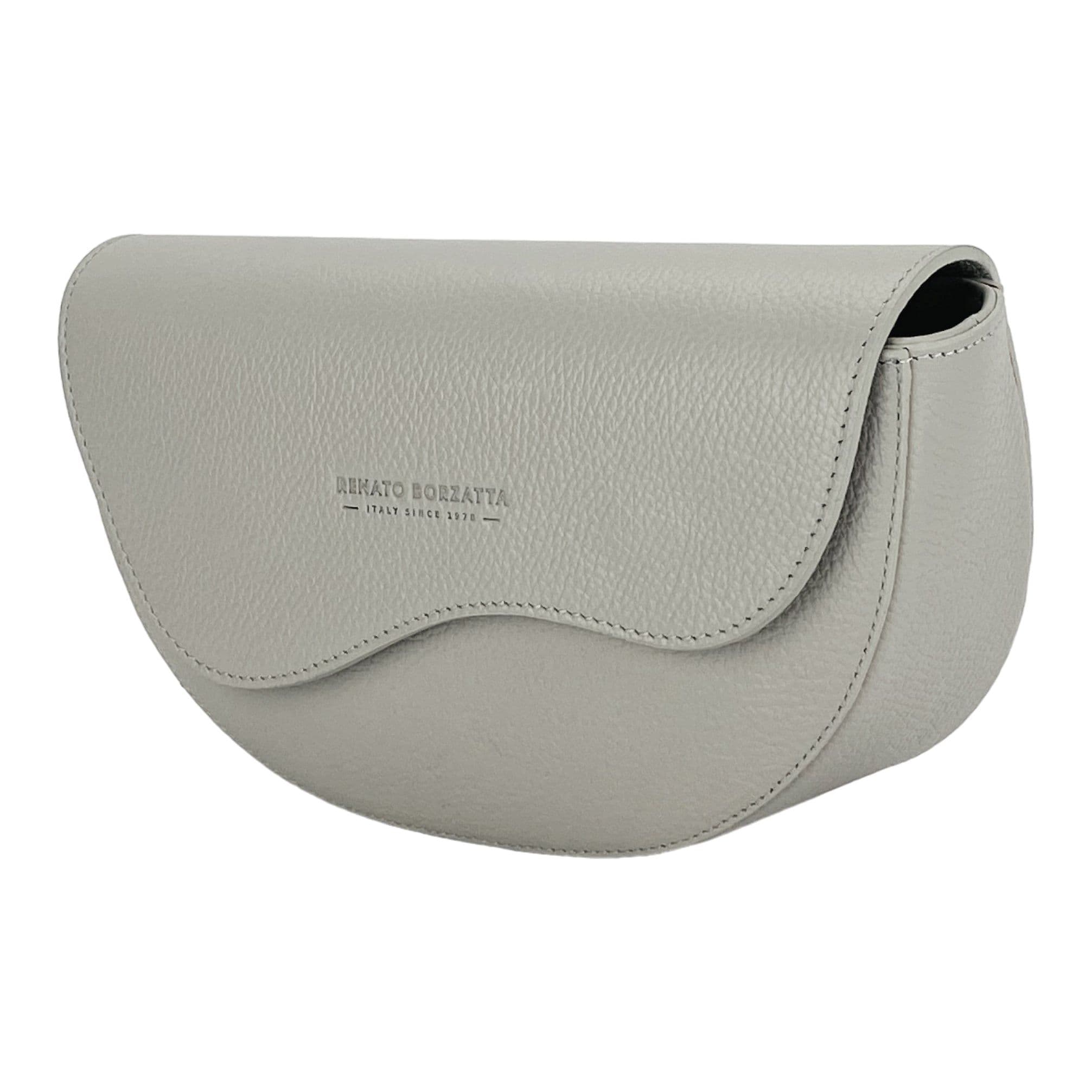 image-RB1027BO | Borsa Donna a Bandoliera stondata in Vera Pelle Made in Italy. Tracolla removibile e regolabile in pelle. Accessori Nickel Lucido - Colore Ghiaccio - Dimensioni: cm 25 x 15 x 9