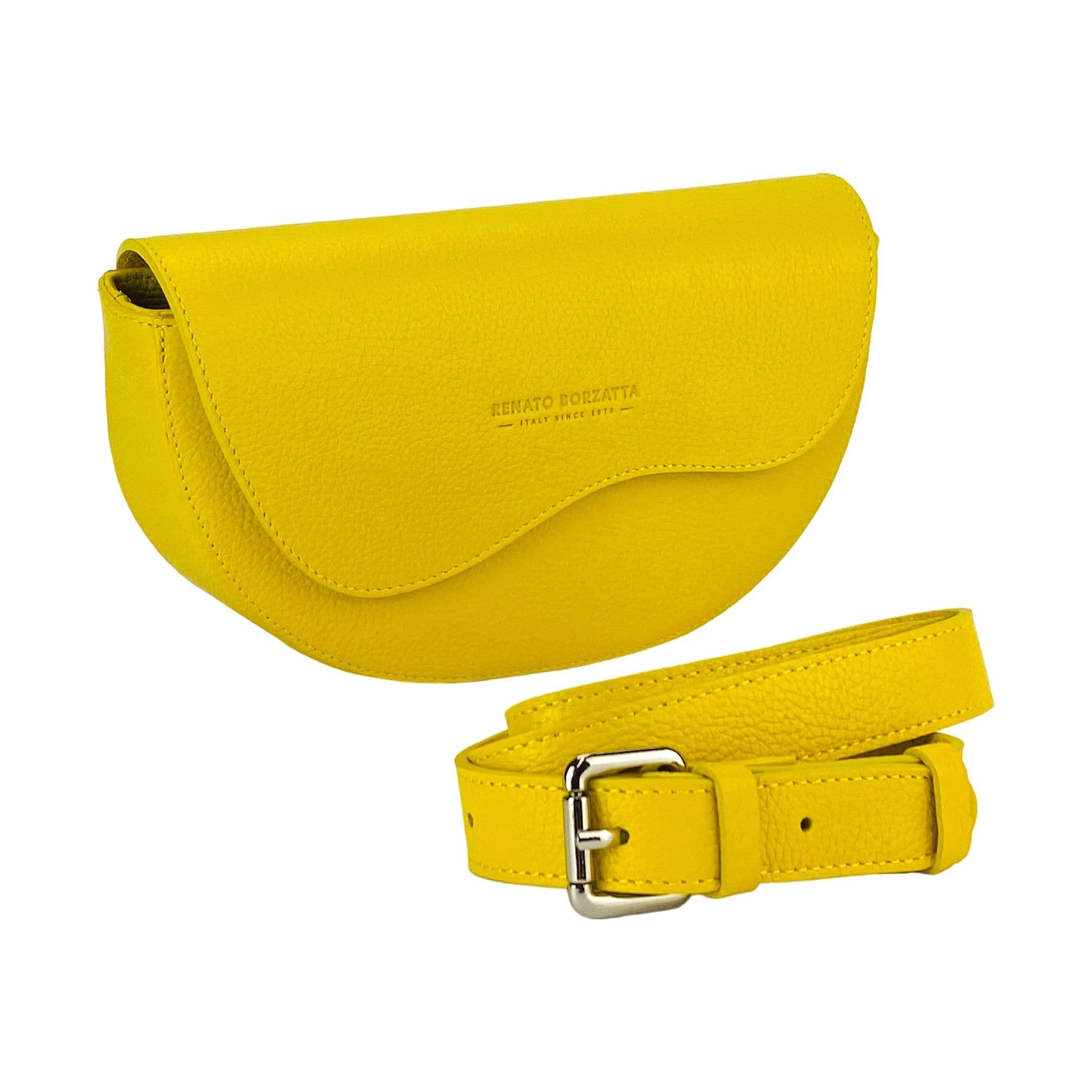 image-RB1027R | Borsa Donna a Bandoliera stondata in Vera Pelle Made in Italy. Tracolla removibile e regolabile in pelle. Accessori Nickel Lucido - Colore Giallo - Dimensioni: cm 25 x 15 x 9