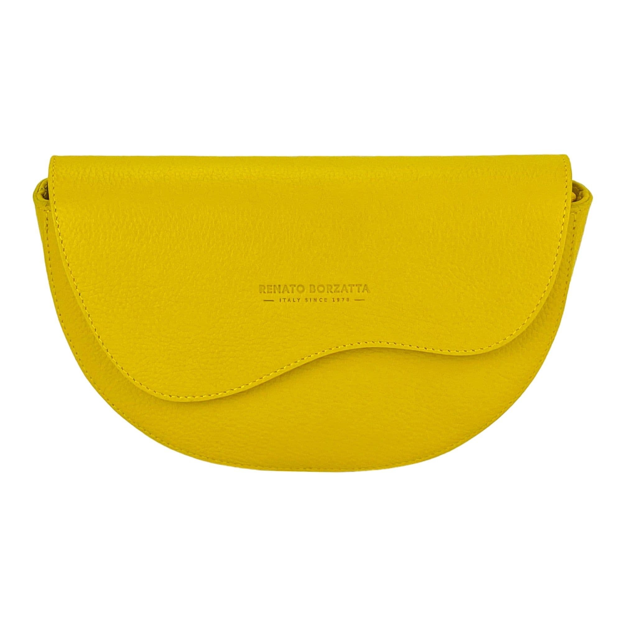 image-RB1027R | Borsa Donna a Bandoliera stondata in Vera Pelle Made in Italy. Tracolla removibile e regolabile in pelle. Accessori Nickel Lucido - Colore Giallo - Dimensioni: cm 25 x 15 x 9