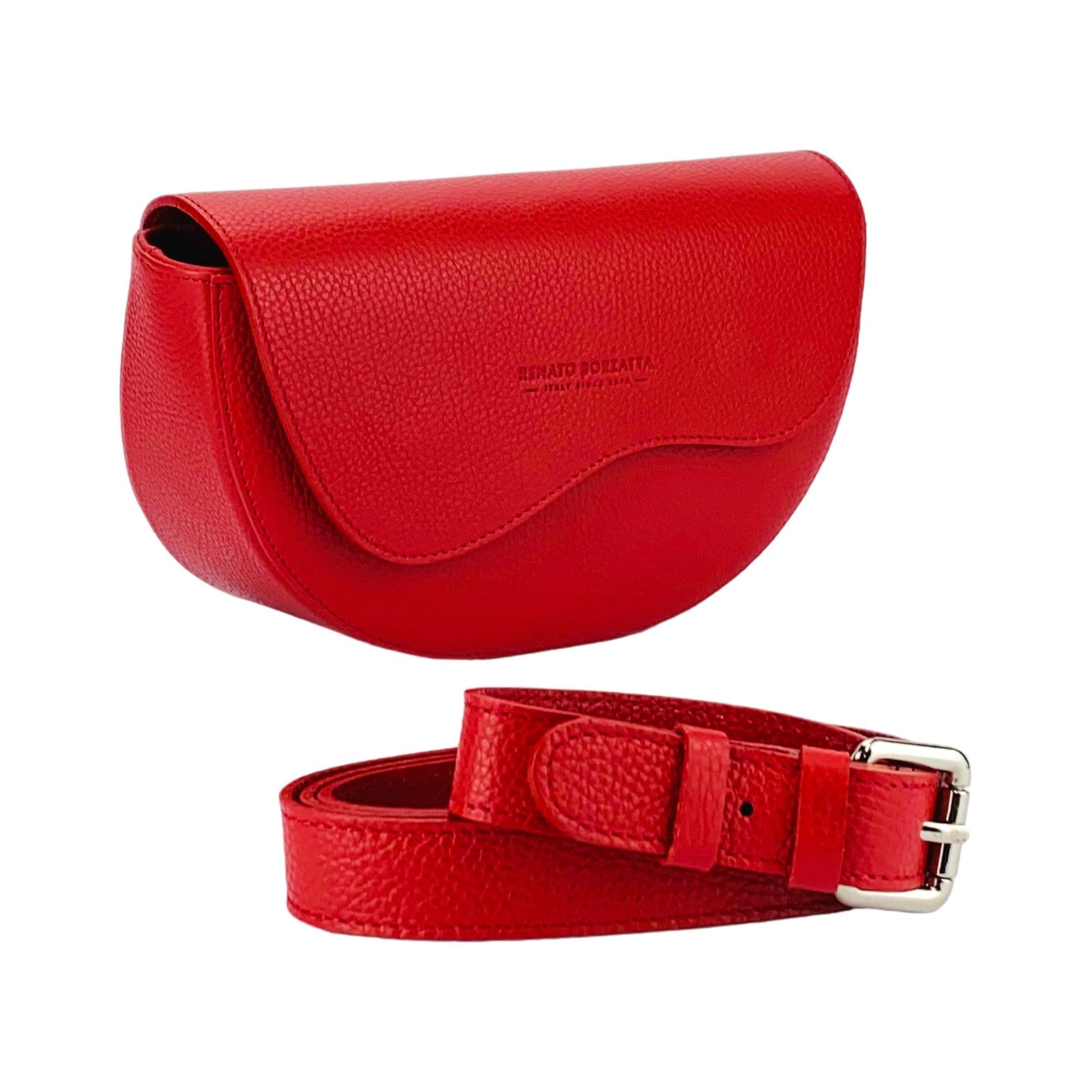 image-RB1027V | Women's rounded crossbody bag in genuine leather Made in Italy. Removable and adjustable leather shoulder strap. Polished Nickel Accessories - Red Color - Dimensions: 25 x 15 x 9 cm