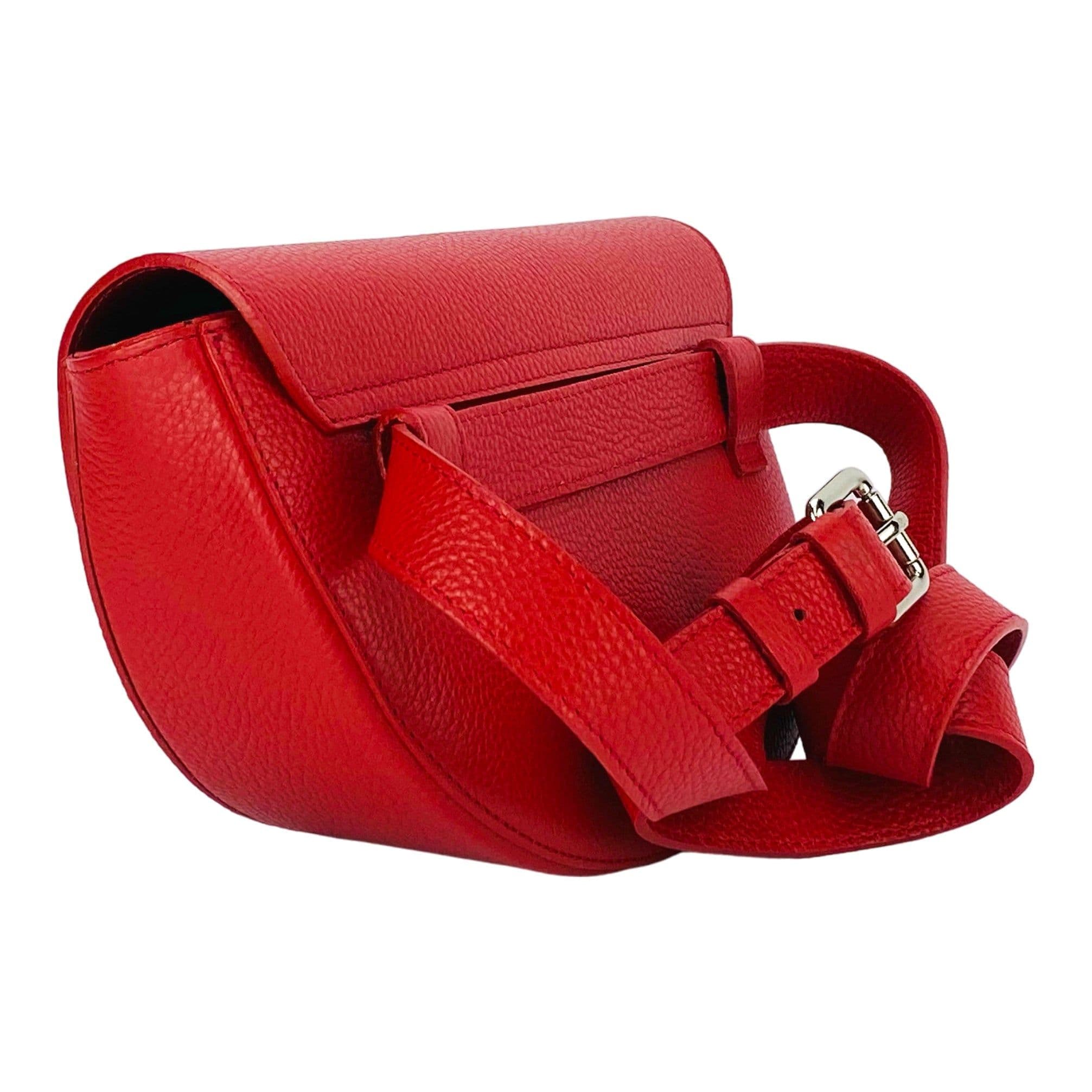 image-RB1027V | Women's rounded crossbody bag in genuine leather Made in Italy. Removable and adjustable leather shoulder strap. Polished Nickel Accessories - Red Color - Dimensions: 25 x 15 x 9 cm