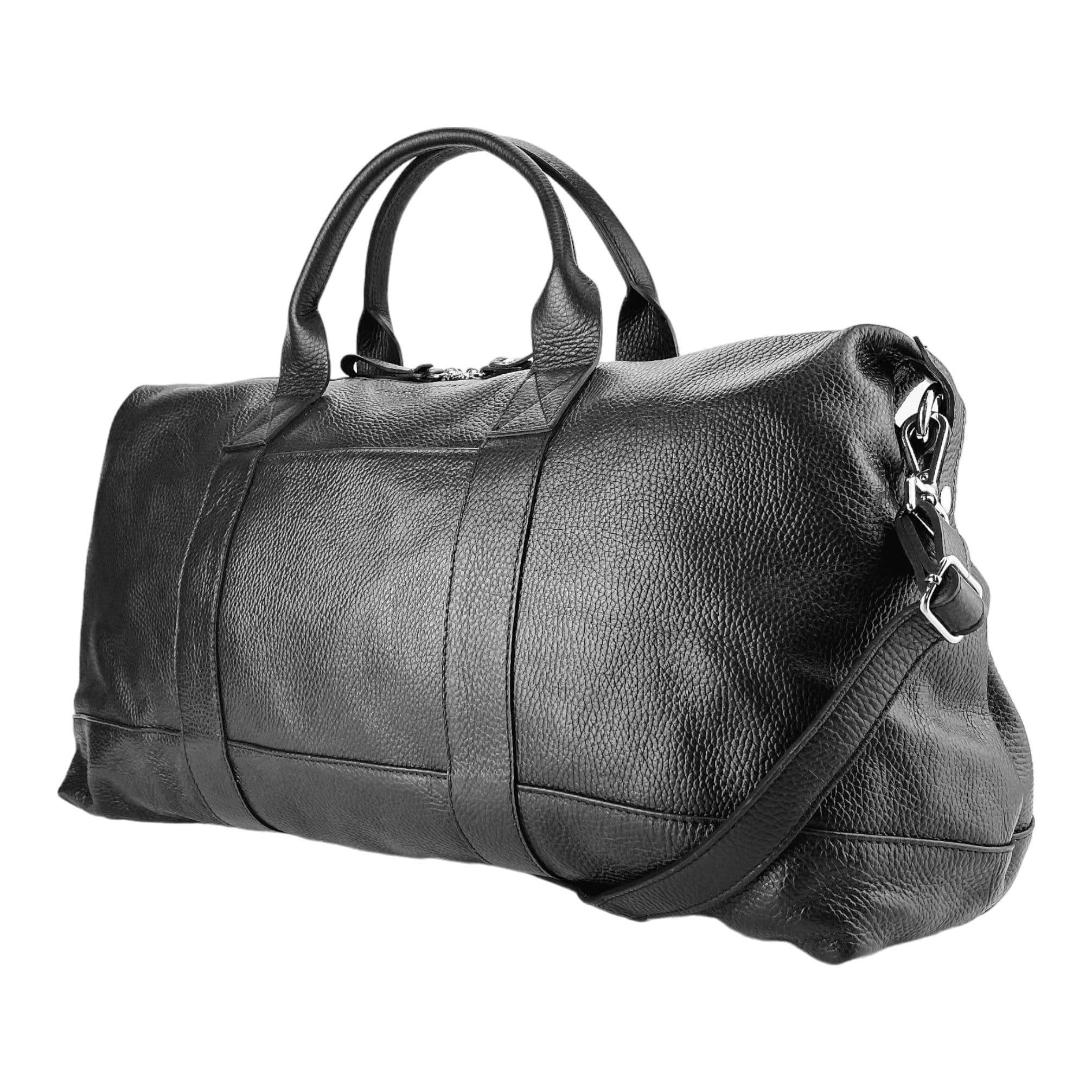 image-RB1029A | Made in Italy Genuine Leather Travel Bag with adjustable and removable shoulder strap. Zipper closure and accessories in shiny nickel metal - Black color - Dimensions: 57 x 26 x 24 cm
