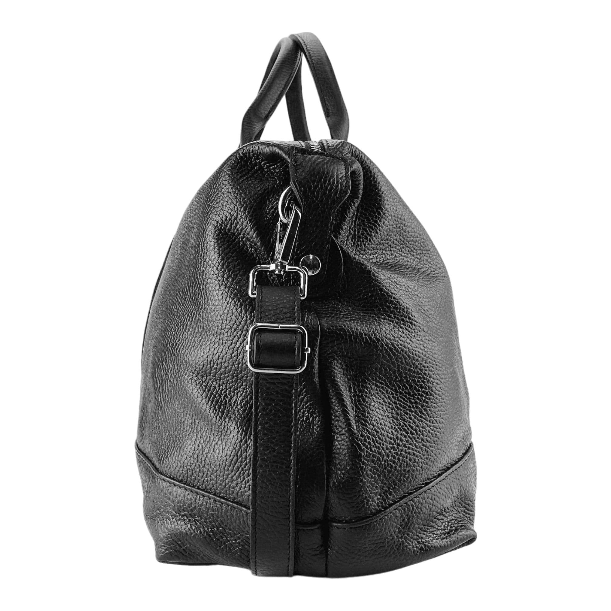 image-RB1029A | Borsone da Viaggio in Vera Pelle Made in Italy con Tracolla regolabile e removibile. Chiusura con lampo e Accessori in metallo Nickel Lucido - Colore Nero - Dimensioni: cm 57 x 26 x 24