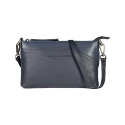 image-RB2003D | Shoulder/Wrist Bag in Genuine Full Grain Leather, Dollar Grain/Light. Removable Shoulder Strap and Handle. Color Blue. Dimensions: 22 x 14 x 2.5 cm. Packaging: Non-Woven Fabric Bag